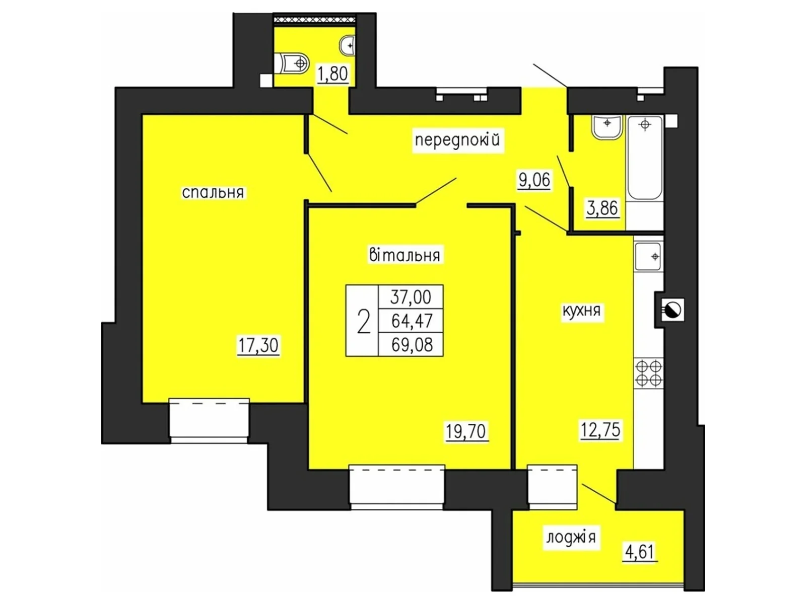 2-комнатная квартира 69.08 кв. м в Тернополе, ул. Троллейбусная, 7А - фото 1