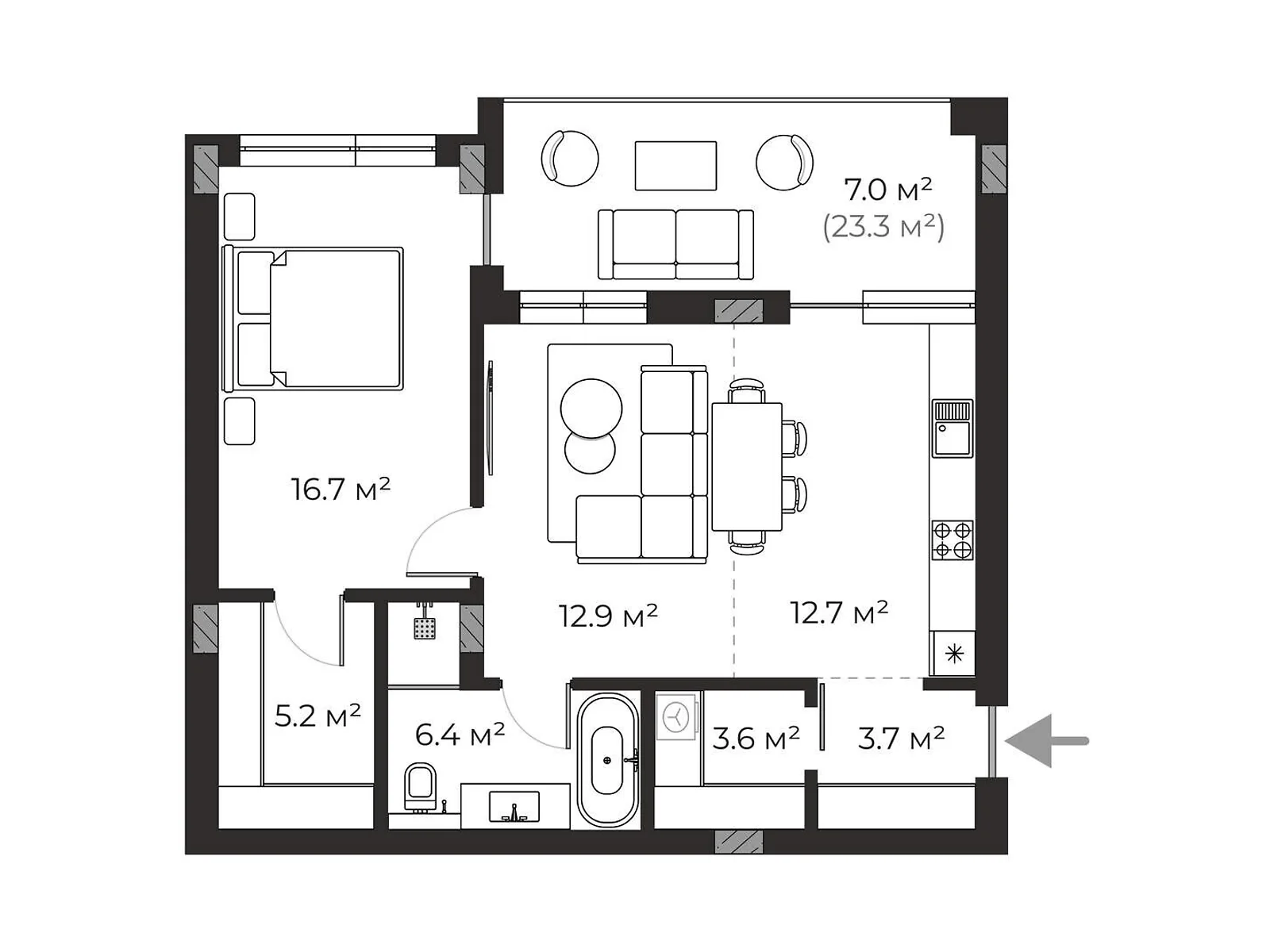 Продається 1-кімнатна квартира 44.3 кв. м у Ужгороді, вул. Запорізька, 1 - фото 1