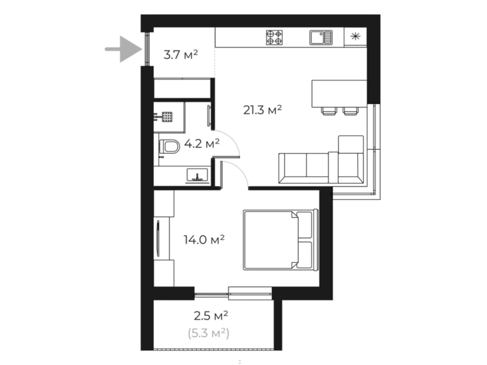 Продается 1-комнатная квартира 44.2 кв. м в, цена: 74970 $ - фото 1