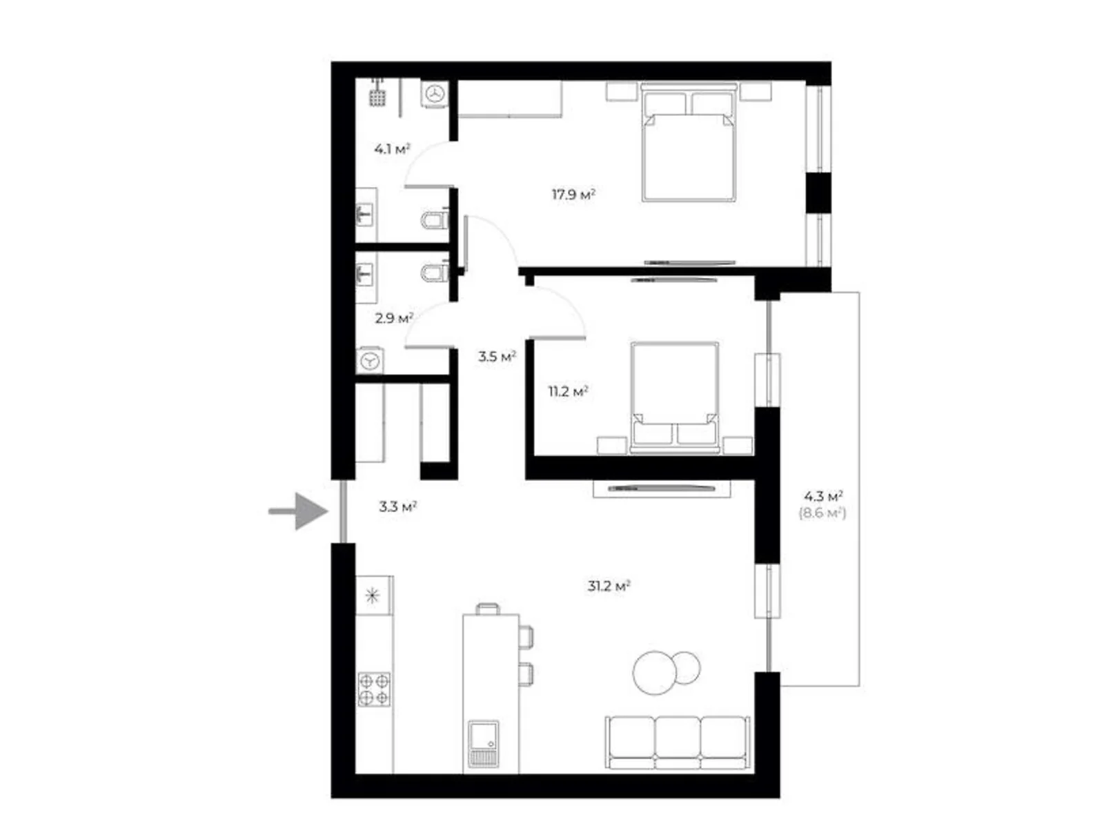 Продается 2-комнатная квартира 78.4 кв. м в Ужгороде, ул. Живописная, 8 - фото 1