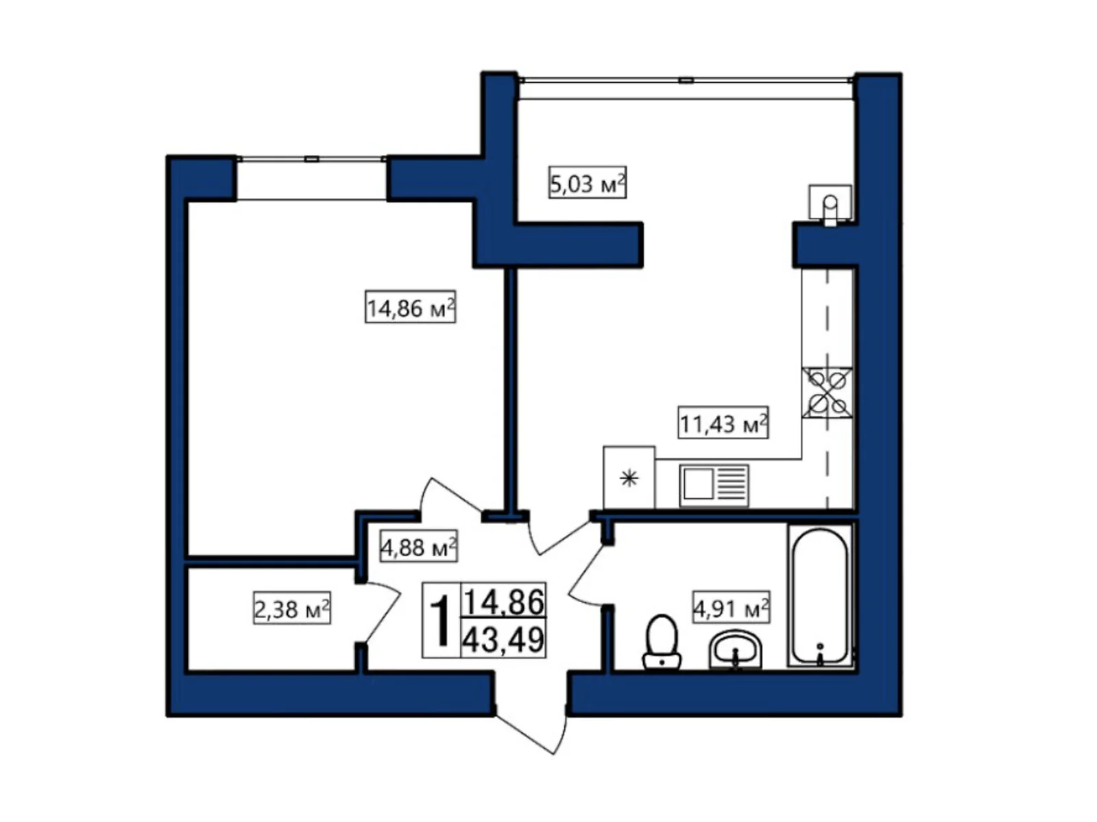 Продается 1-комнатная квартира 43.49 кв. м в Хмельницком, ул. Озерная, 6/2В - фото 1