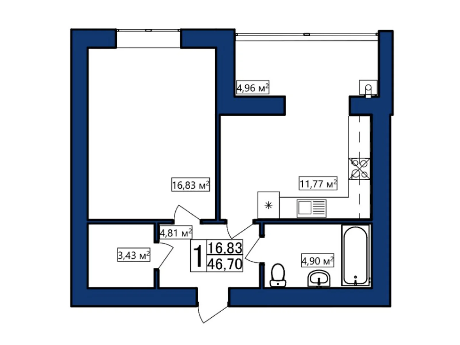 Продается 1-комнатная квартира 46.7 кв. м в Хмельницком, ул. Озерная, 6/2В - фото 1