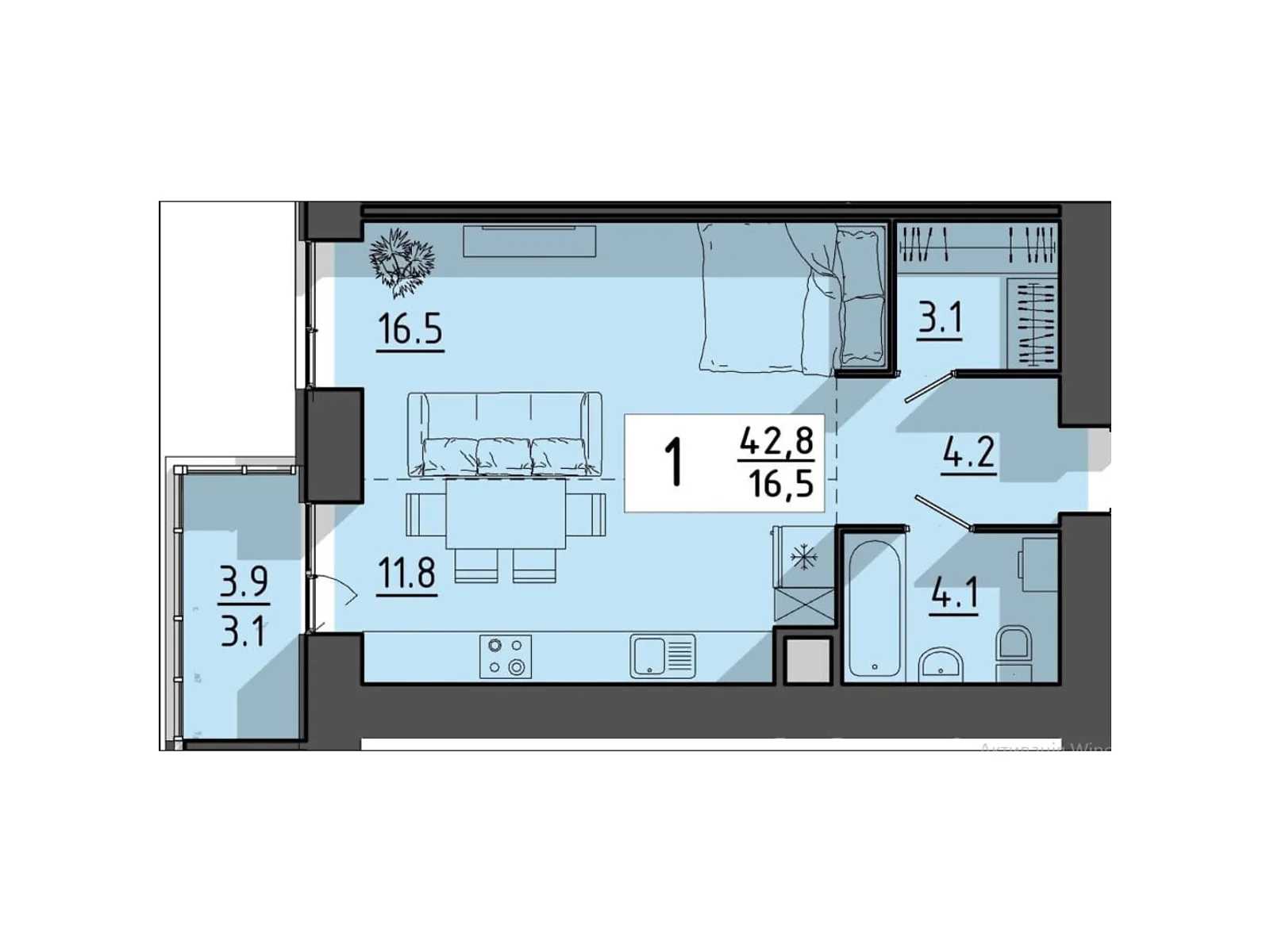 1-комнатная квартира 42.8 кв. м в Тернополе, ул. Генерала Мирона Тарнавского - фото 1
