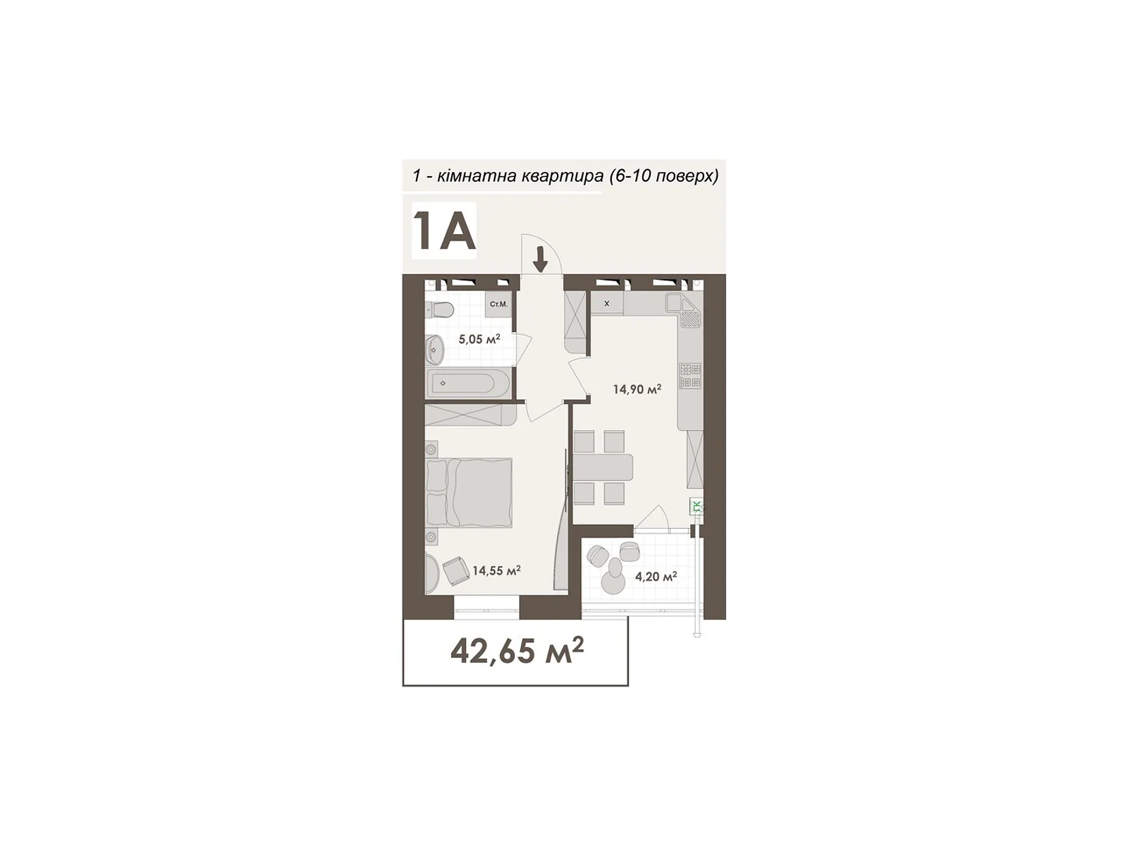 Продається 1-кімнатна квартира 42.65 кв. м у Вінниці, вул. Стрілецька, 23 - фото 1