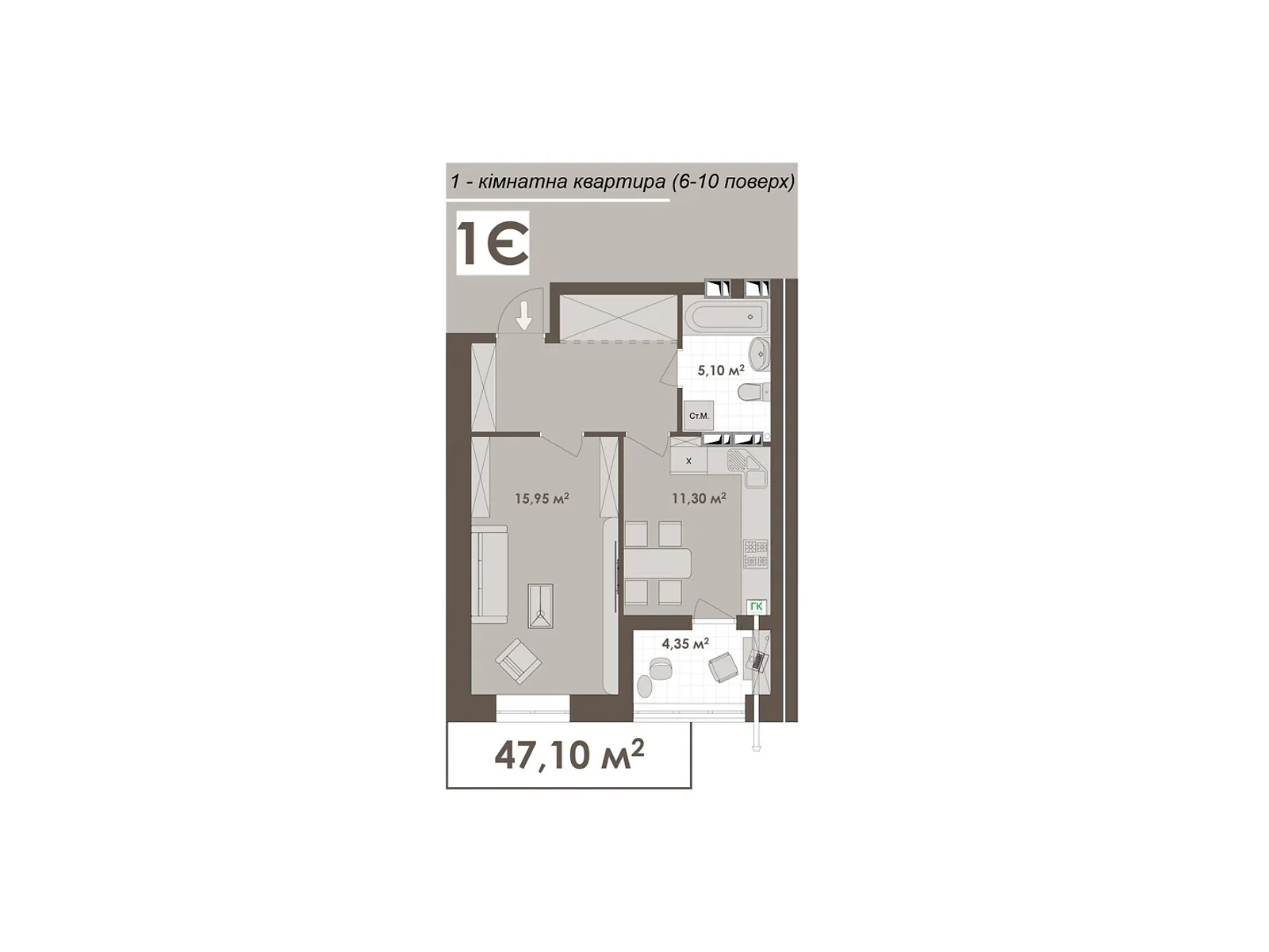 Продается 1-комнатная квартира 47.1 кв. м в Виннице, ул. Стрелецкая, 23 - фото 1