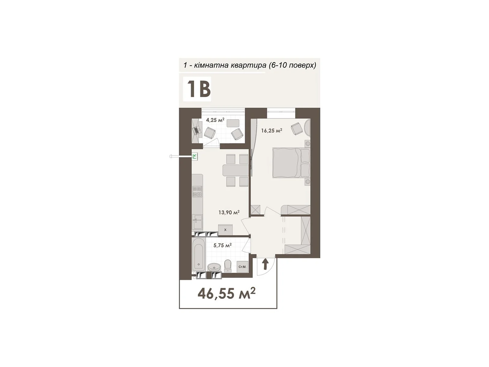 Продается 1-комнатная квартира 46.55 кв. м в Виннице, ул. Стрелецкая, 23 - фото 1