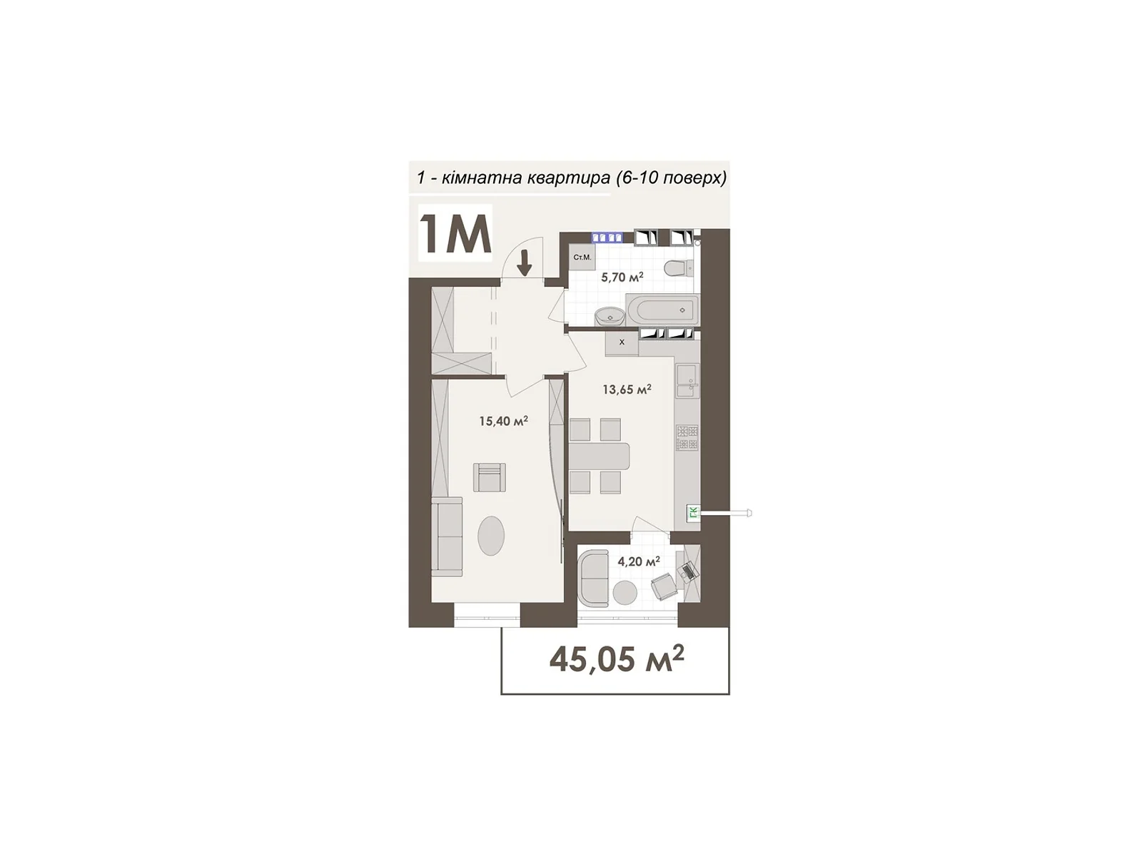 Продается 1-комнатная квартира 45.05 кв. м в Виннице, ул. Стрелецкая, 23 - фото 1