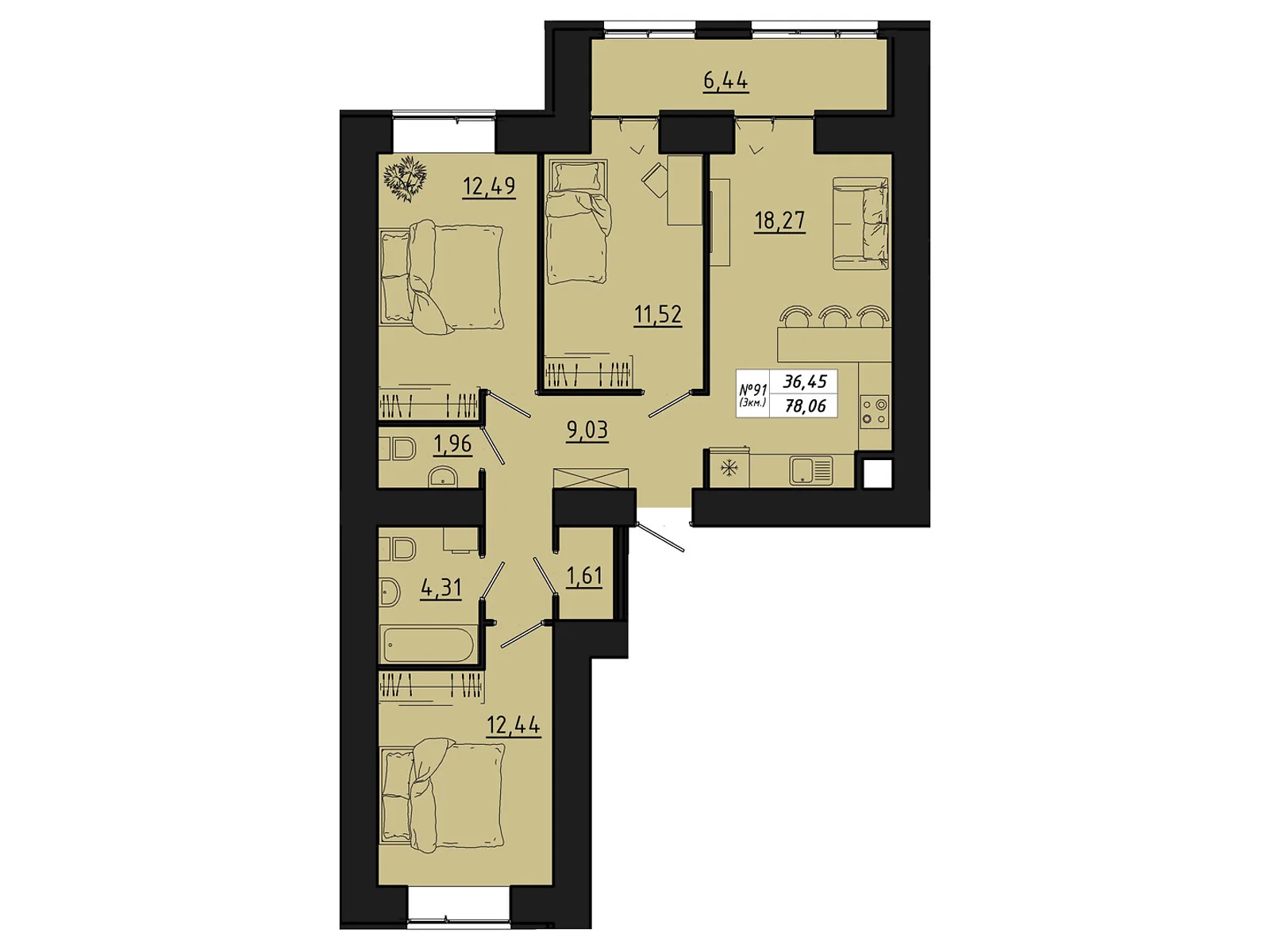3-комнатная квартира 78.06 кв. м в Тернополе, ул. Микулинецкая, 116 - фото 1