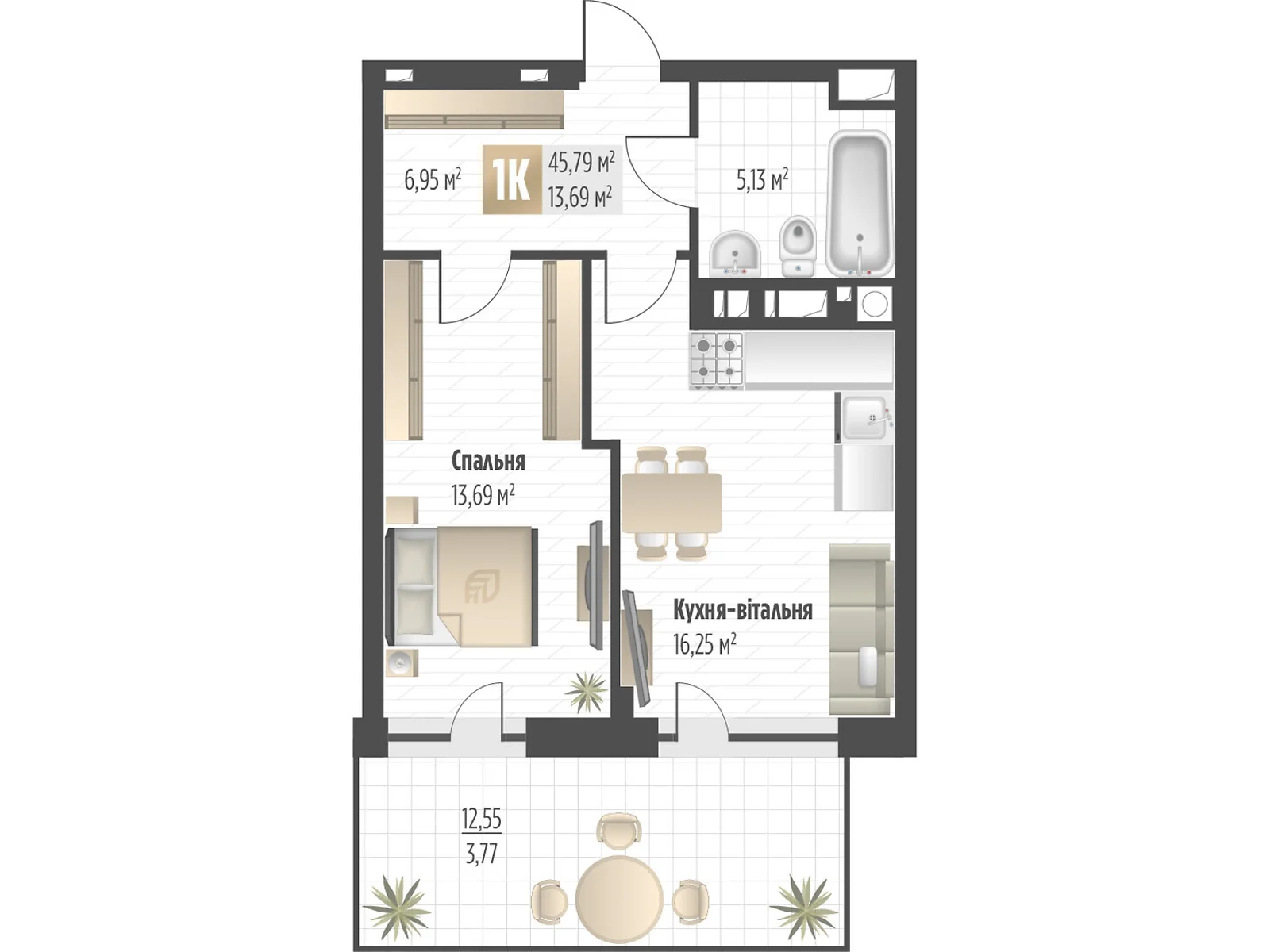 Продается 1-комнатная квартира 45.79 кв. м в Львове, ул. Орлика, 52 - фото 1