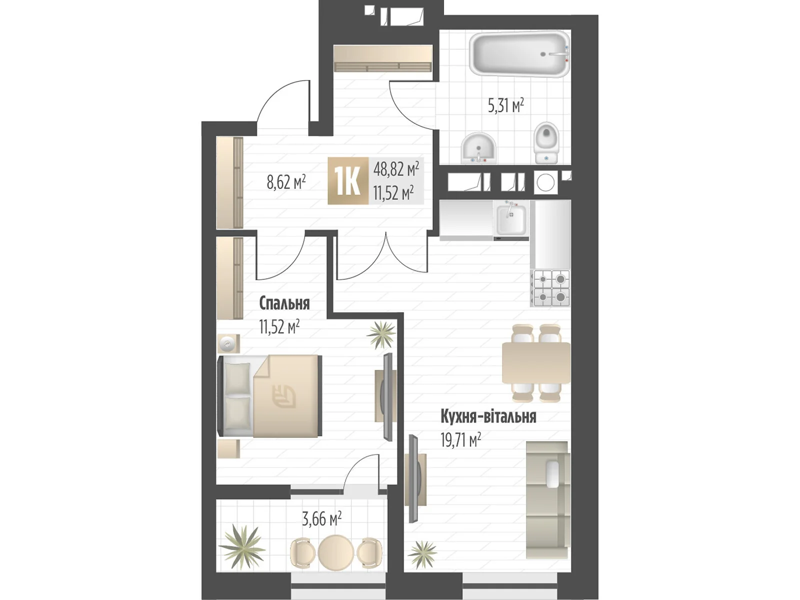 Продается 1-комнатная квартира 48.82 кв. м в Львове, ул. Орлика, 52 - фото 1