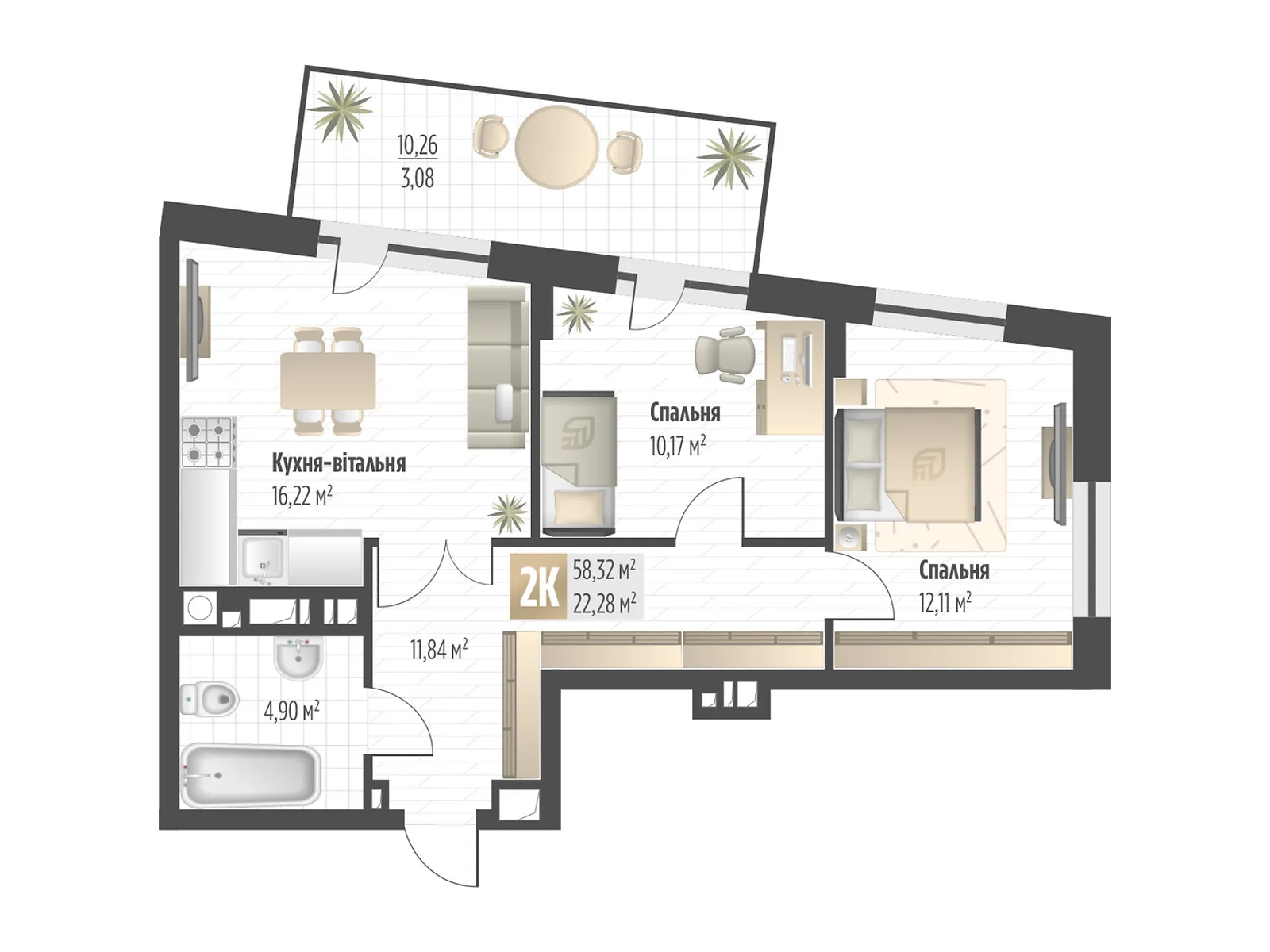 Продається 2-кімнатна квартира 58.32 кв. м у Львові, вул. Орлика, 52 - фото 1