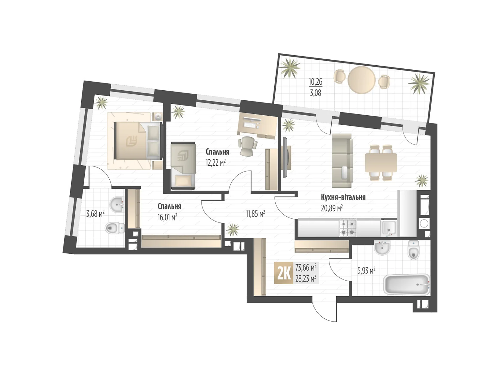 Продається 2-кімнатна квартира 73.66 кв. м у Львові, вул. Орлика, 52 - фото 1