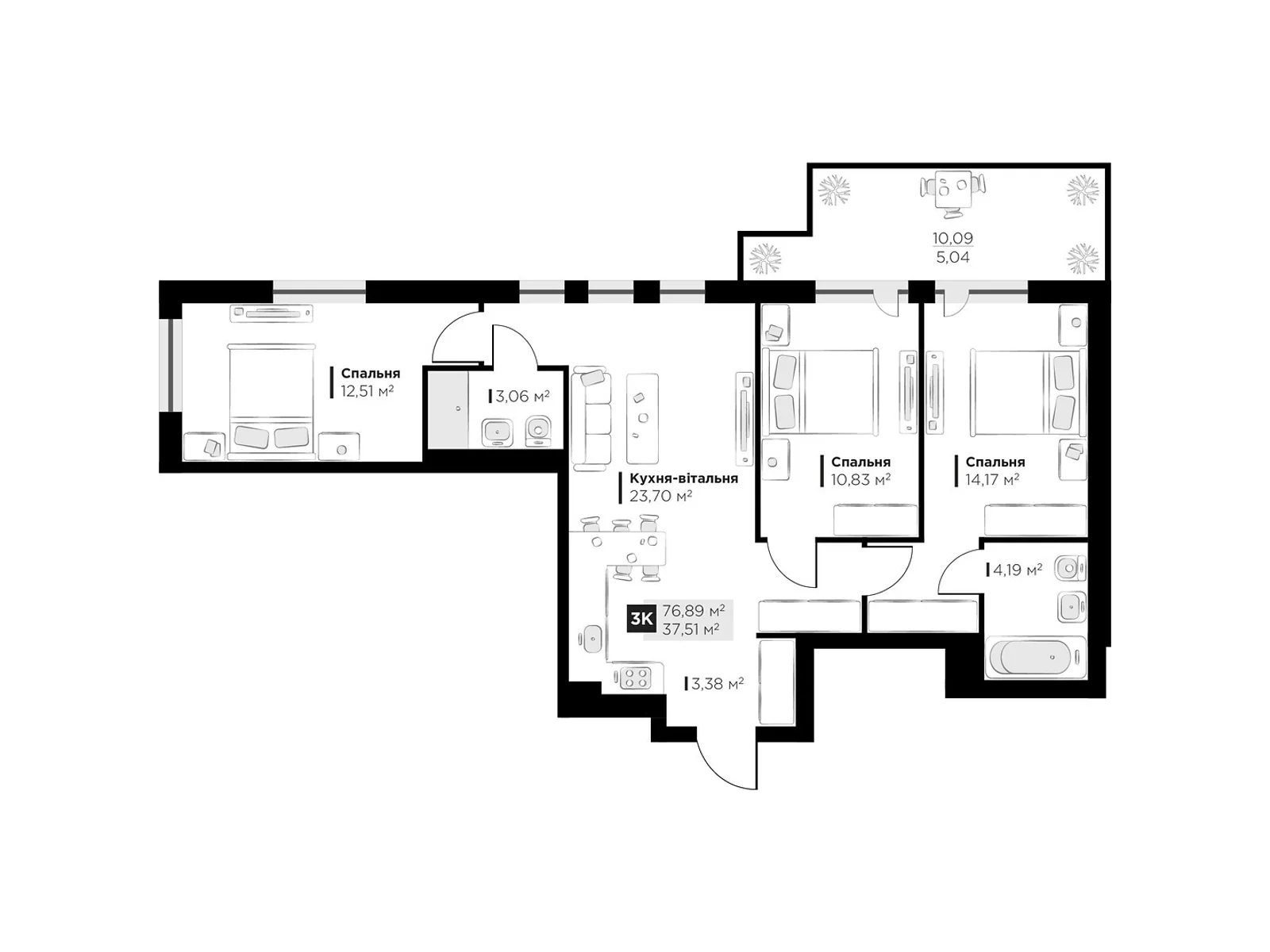 Продается 3-комнатная квартира 76.89 кв. м в Винниках, ул. Галицкая - фото 1