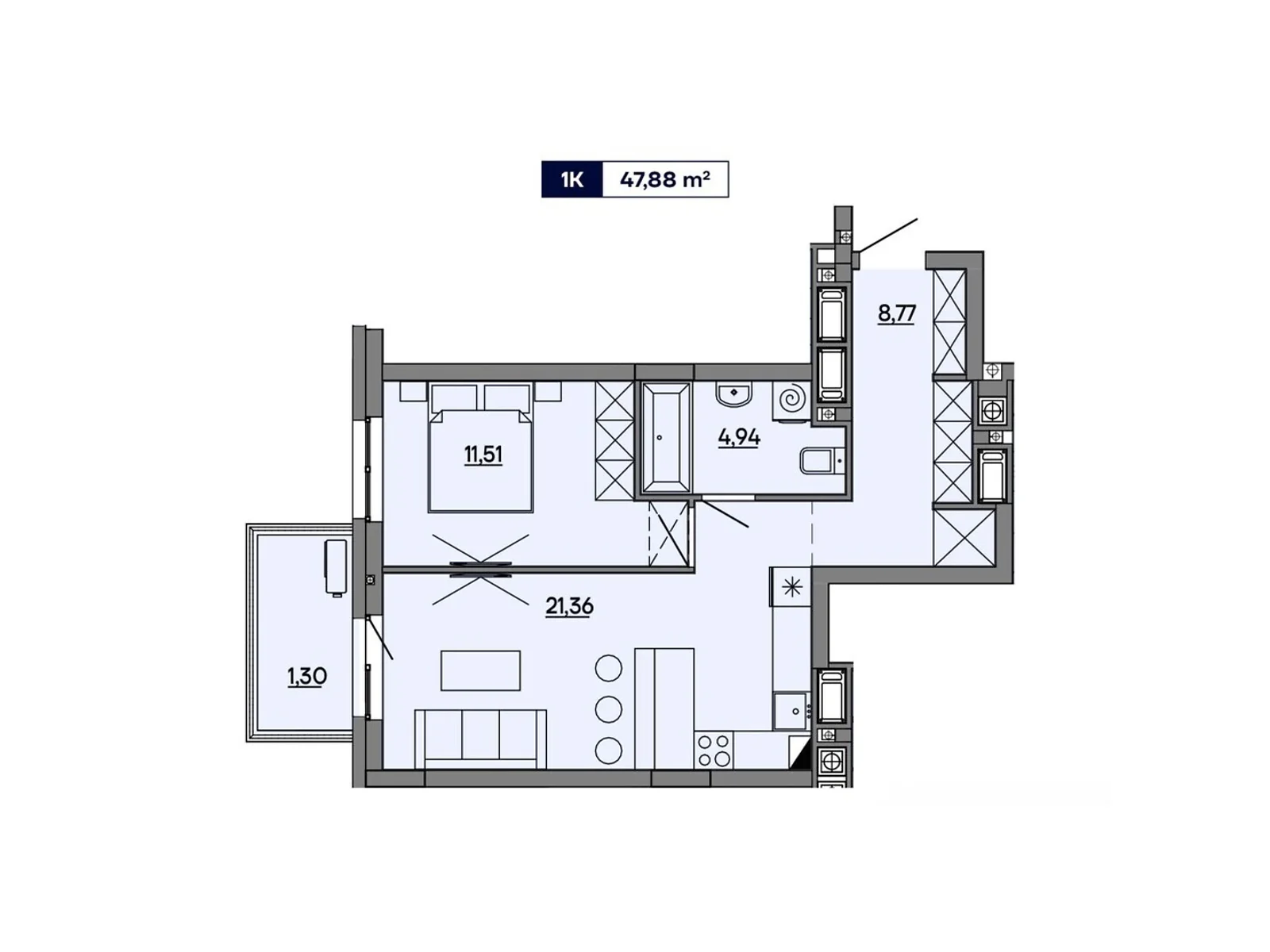 Продается 1-комнатная квартира 47.88 кв. м в Львове, ул. Миколайчука, 17 - фото 1