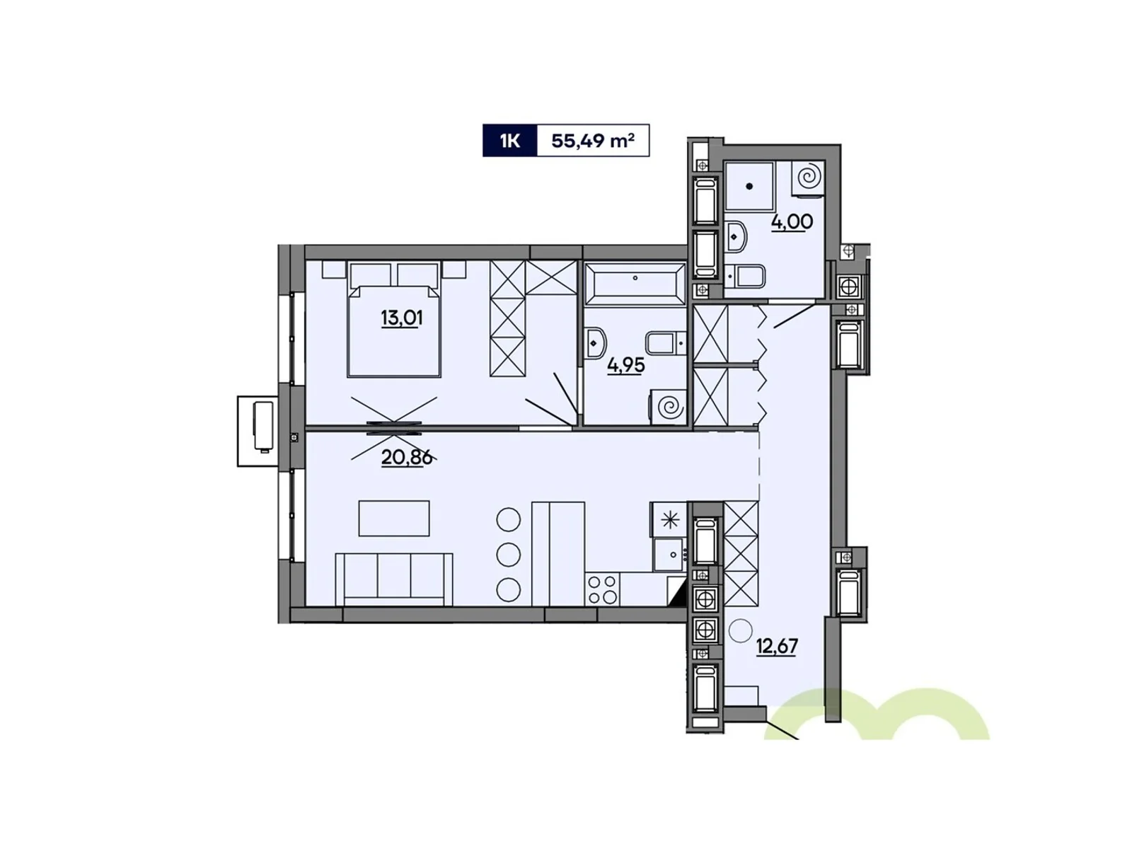 Продается 1-комнатная квартира 55.49 кв. м в Львове, ул. Миколайчука, 17 - фото 1
