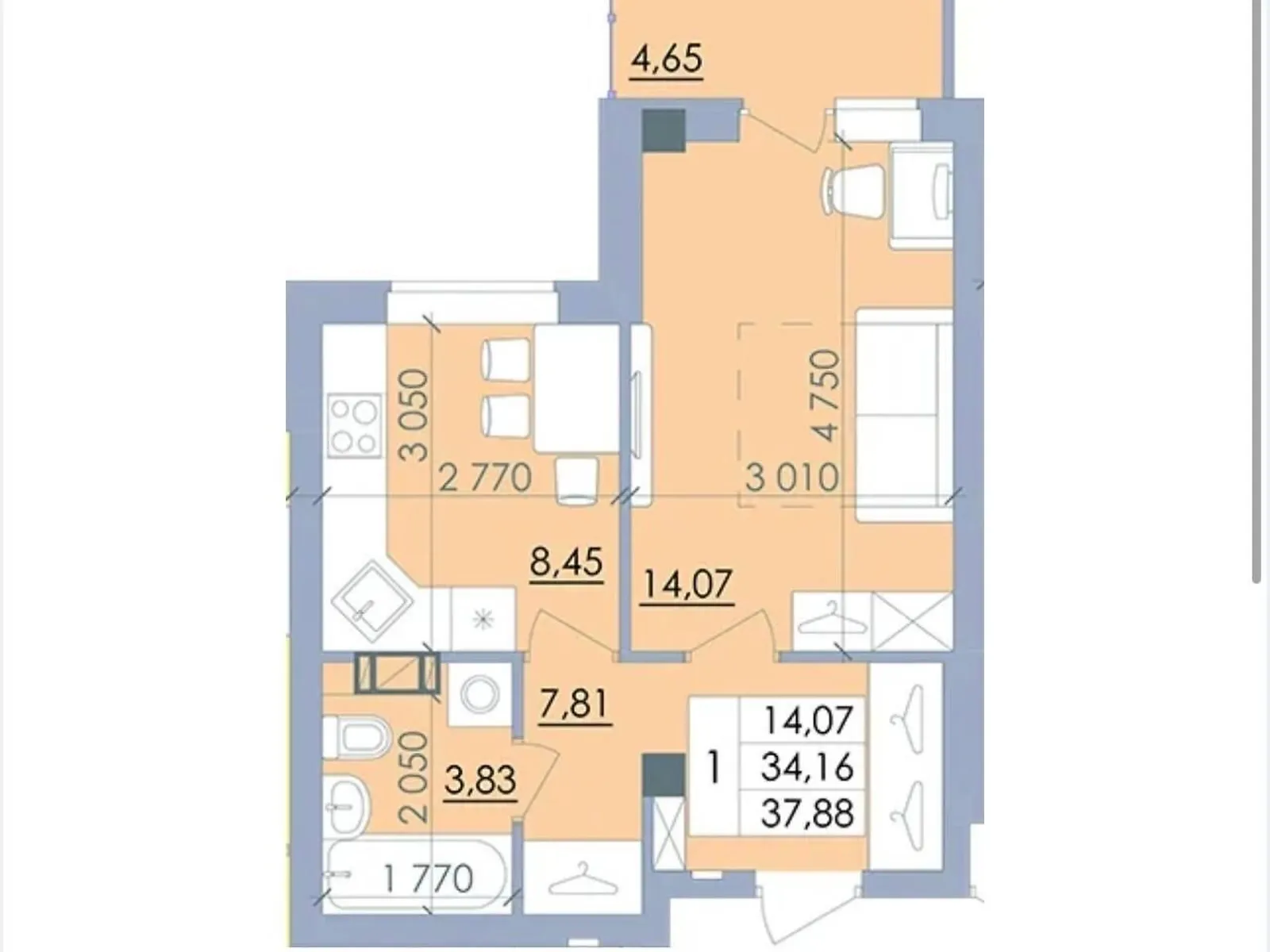 Продается 1-комнатная квартира 38 кв. м в Полтаве, ул. Башкирцевой Марии, 20 корпус 1 - фото 1