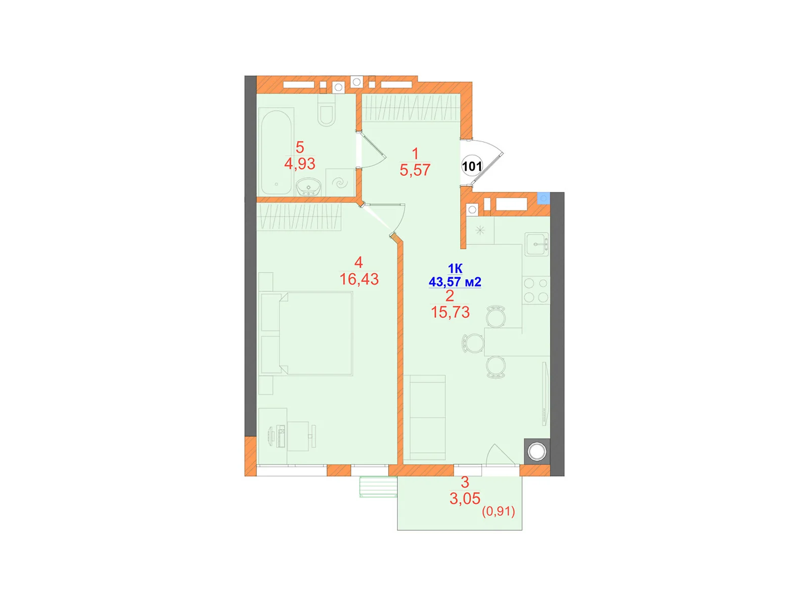 Продается 1-комнатная квартира 43.57 кв. м в Черновцах, ул. Олексы Алмазова(Кутузова), 4 - фото 1