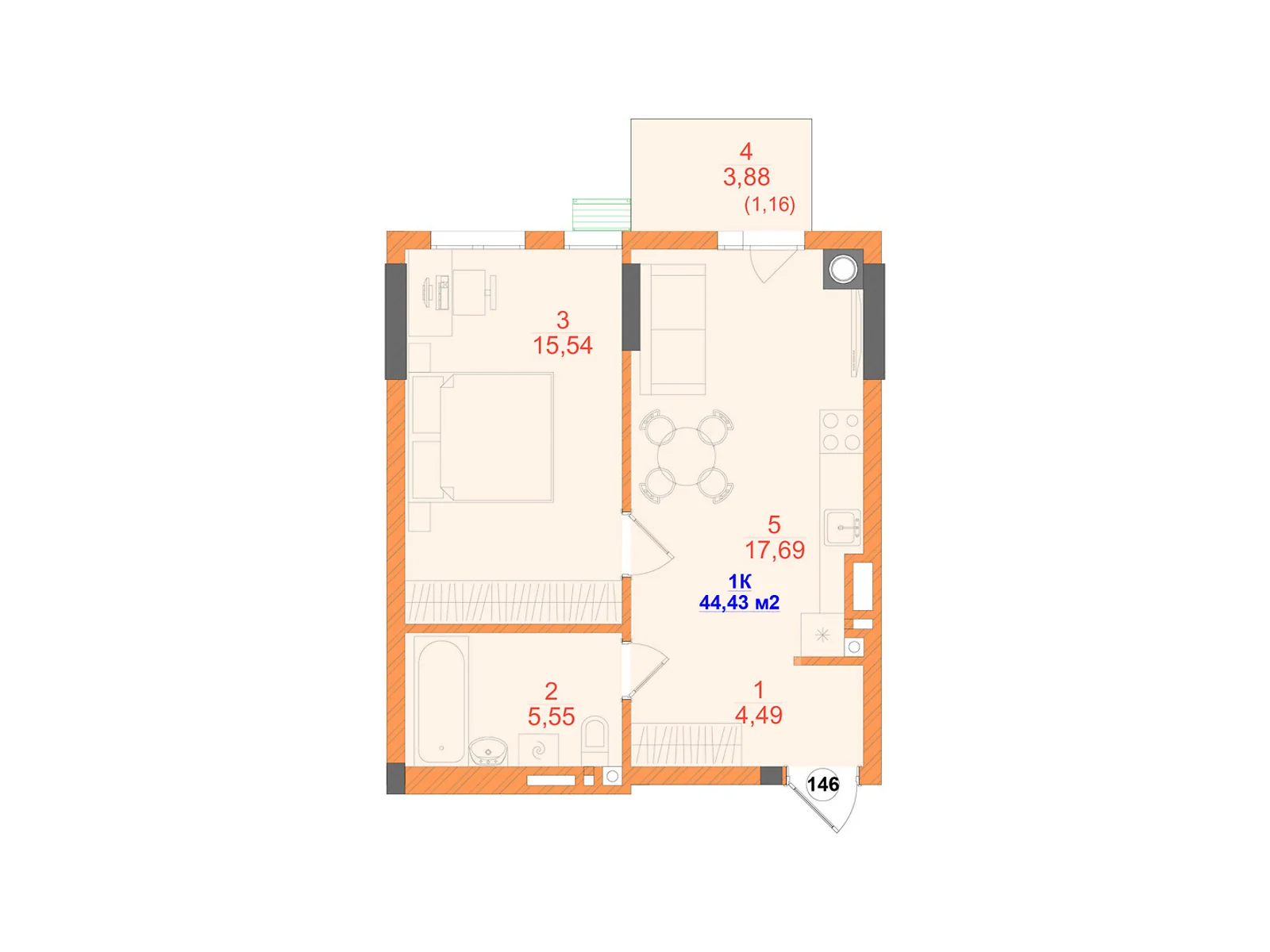 Продается 1-комнатная квартира 44.43 кв. м в Черновцах, ул. Олексы Алмазова(Кутузова), 4 - фото 1