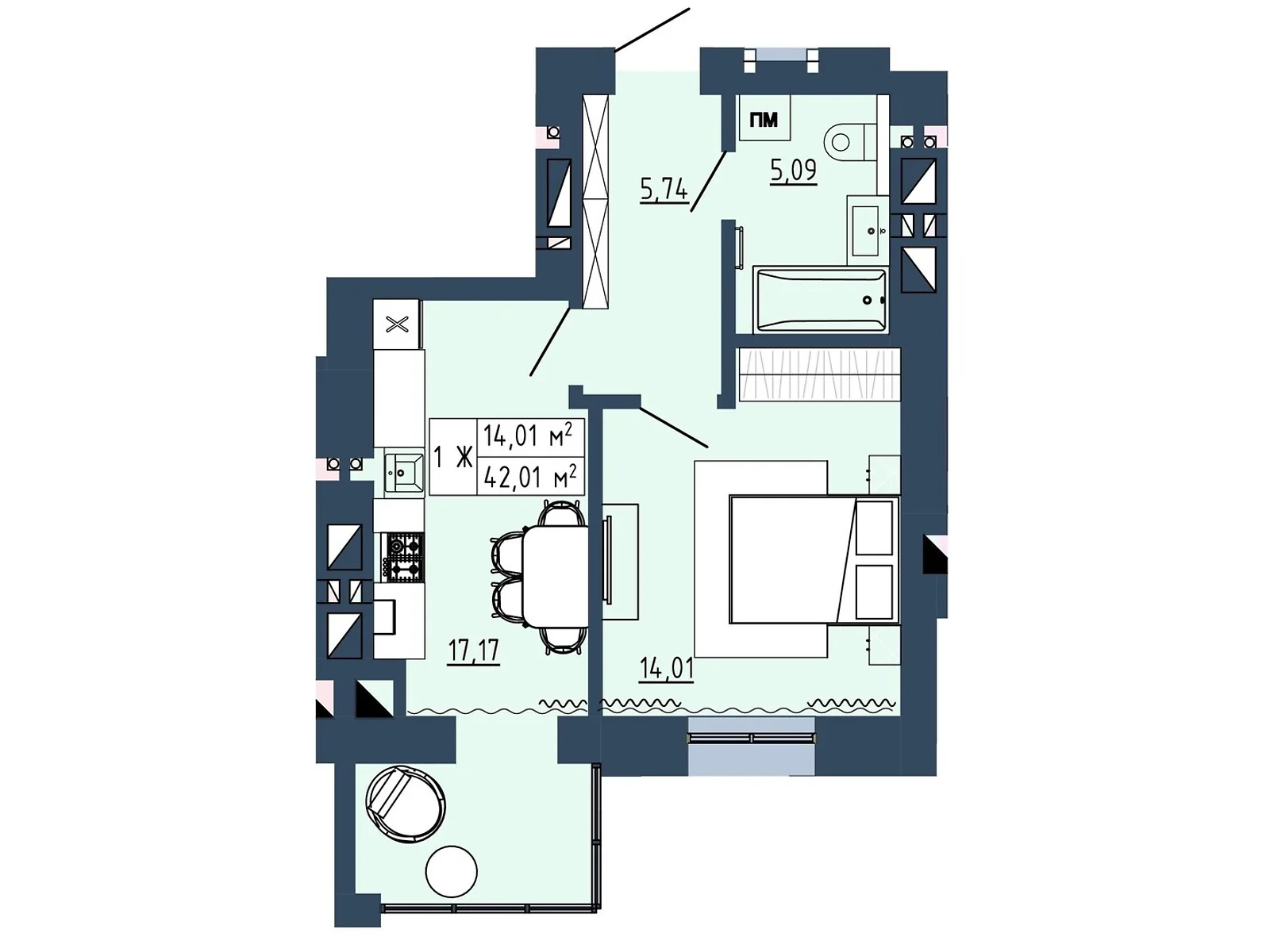 Продается 1-комнатная квартира 42.01 кв. м в Липинах, ул. Окружная, 48 - фото 1