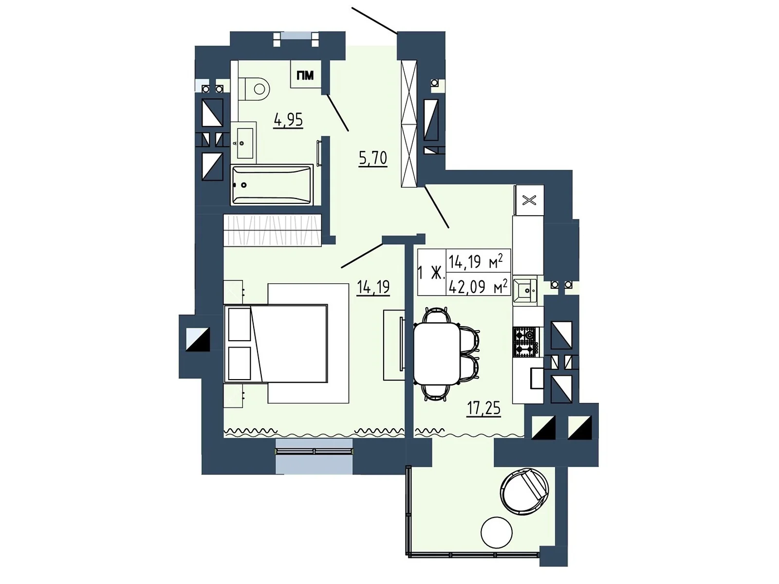 Продается 1-комнатная квартира 42.09 кв. м в Липинах, ул. Окружная, 48 - фото 1