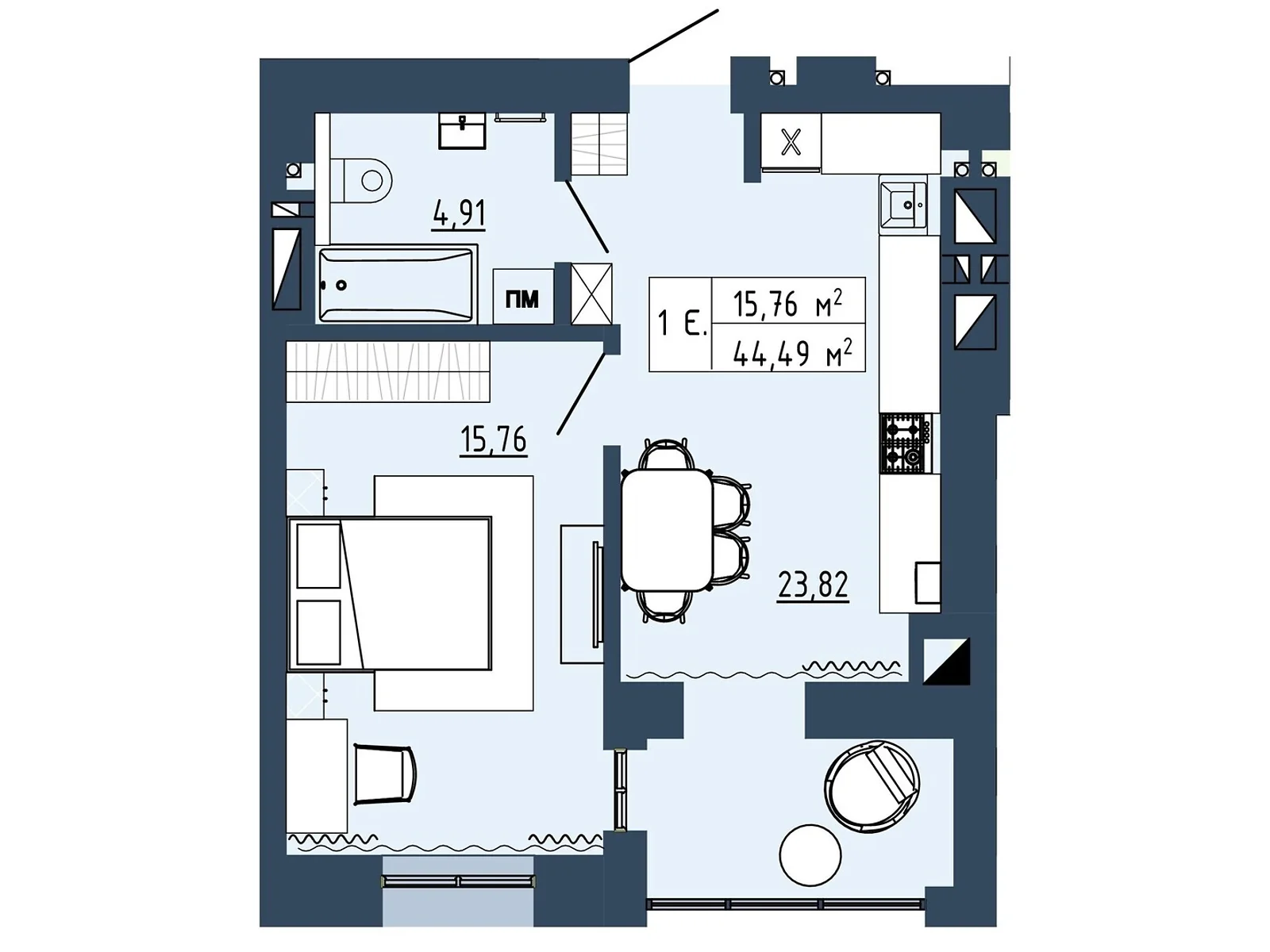 Продается 1-комнатная квартира 44.49 кв. м в Липинах, ул. Окружная, 48 - фото 1