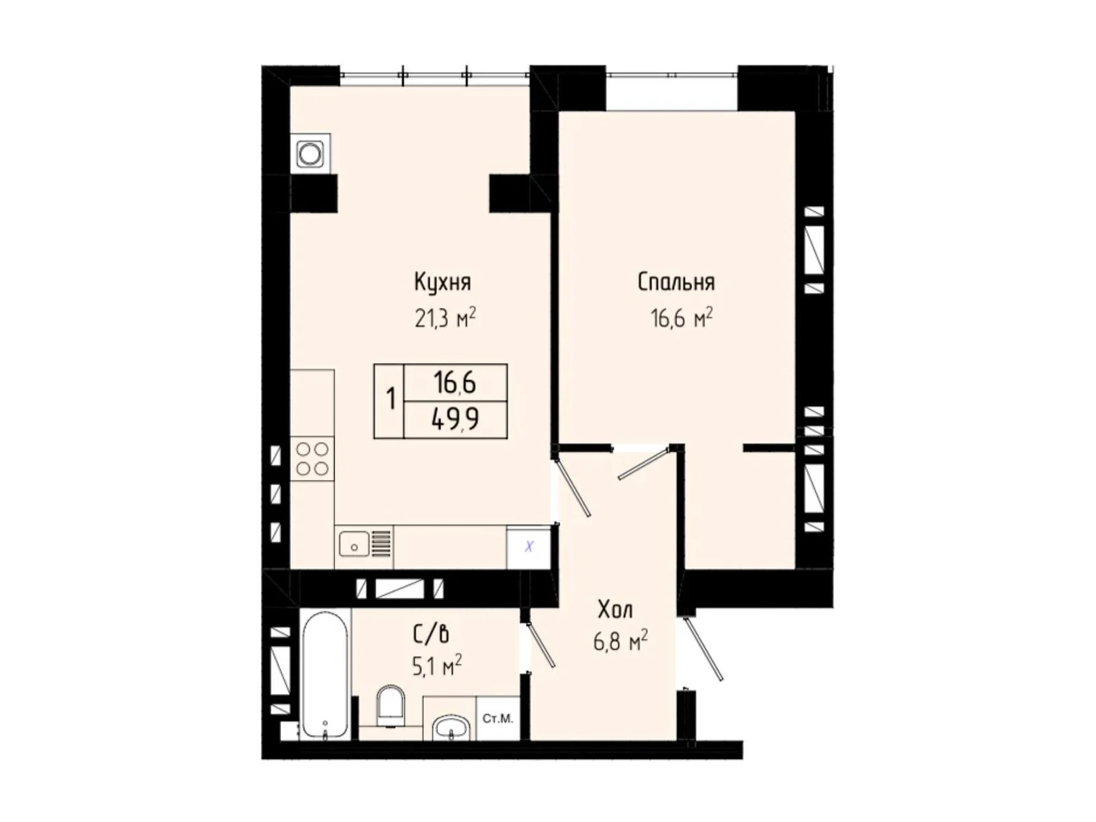 Продається 1-кімнатна квартира 49.9 кв. м у Хмельницькому, вул. Панаса Мирного, 9 - фото 1