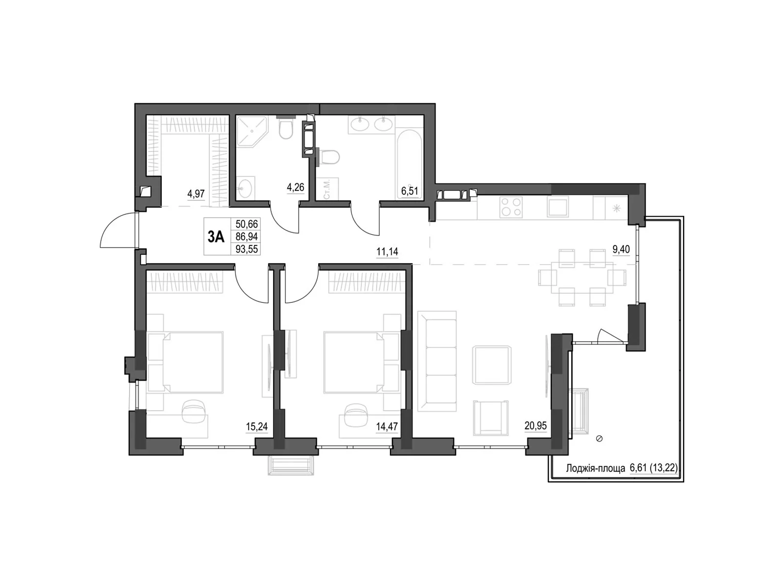 Продается 3-комнатная квартира 93.55 кв. м в Кропивницком, ул. Яновского, 65/52 - фото 1