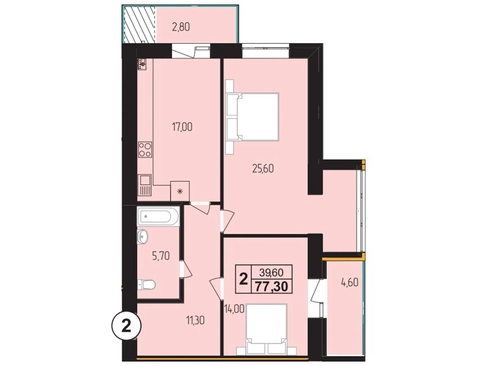 Продается 2-комнатная квартира 77.3 кв. м в Золочеве, цена: 65705 $ - фото 1