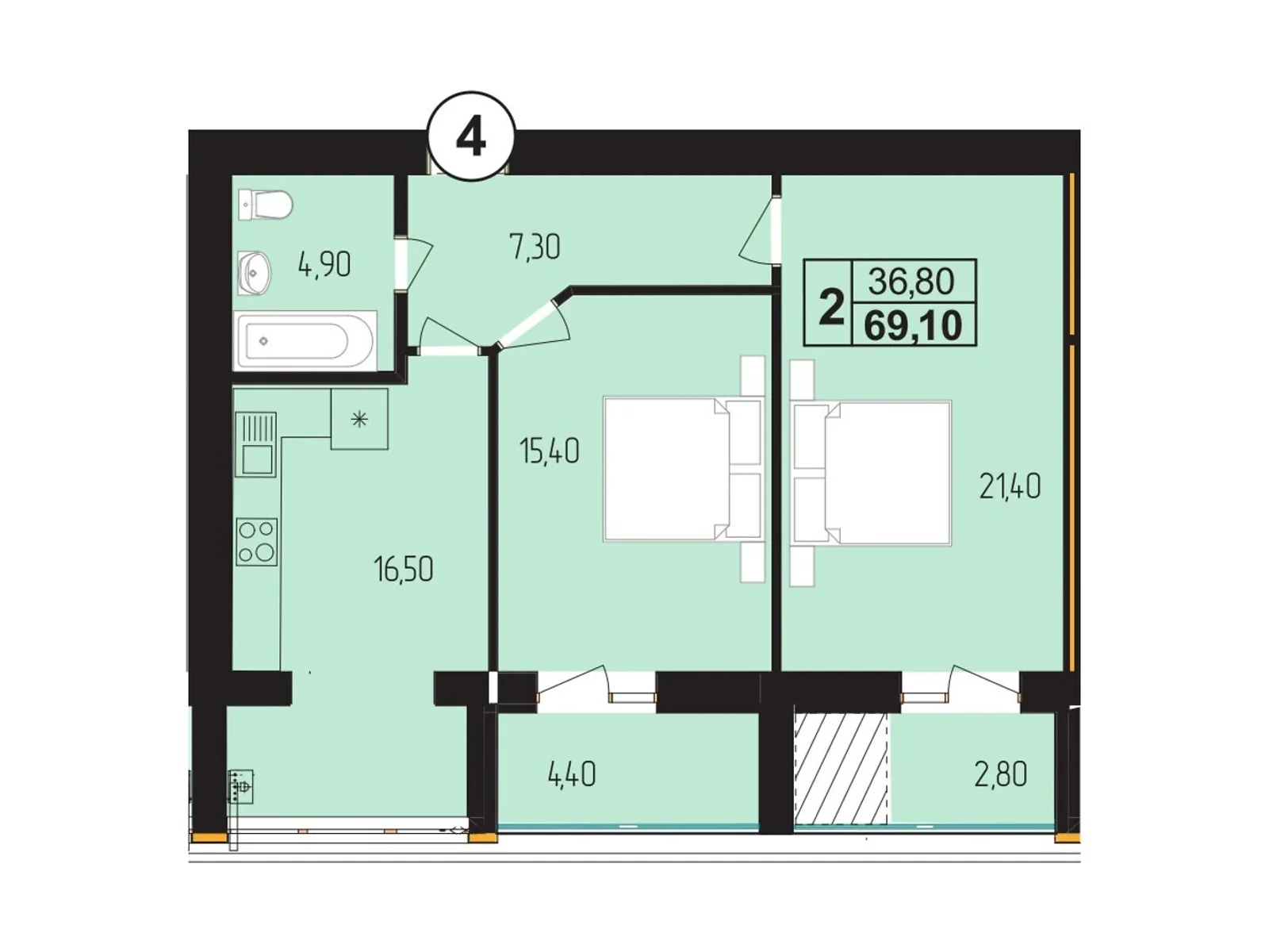 Продается 2-комнатная квартира 69.1 кв. м в Золочеве, цена: 58735 $ - фото 1