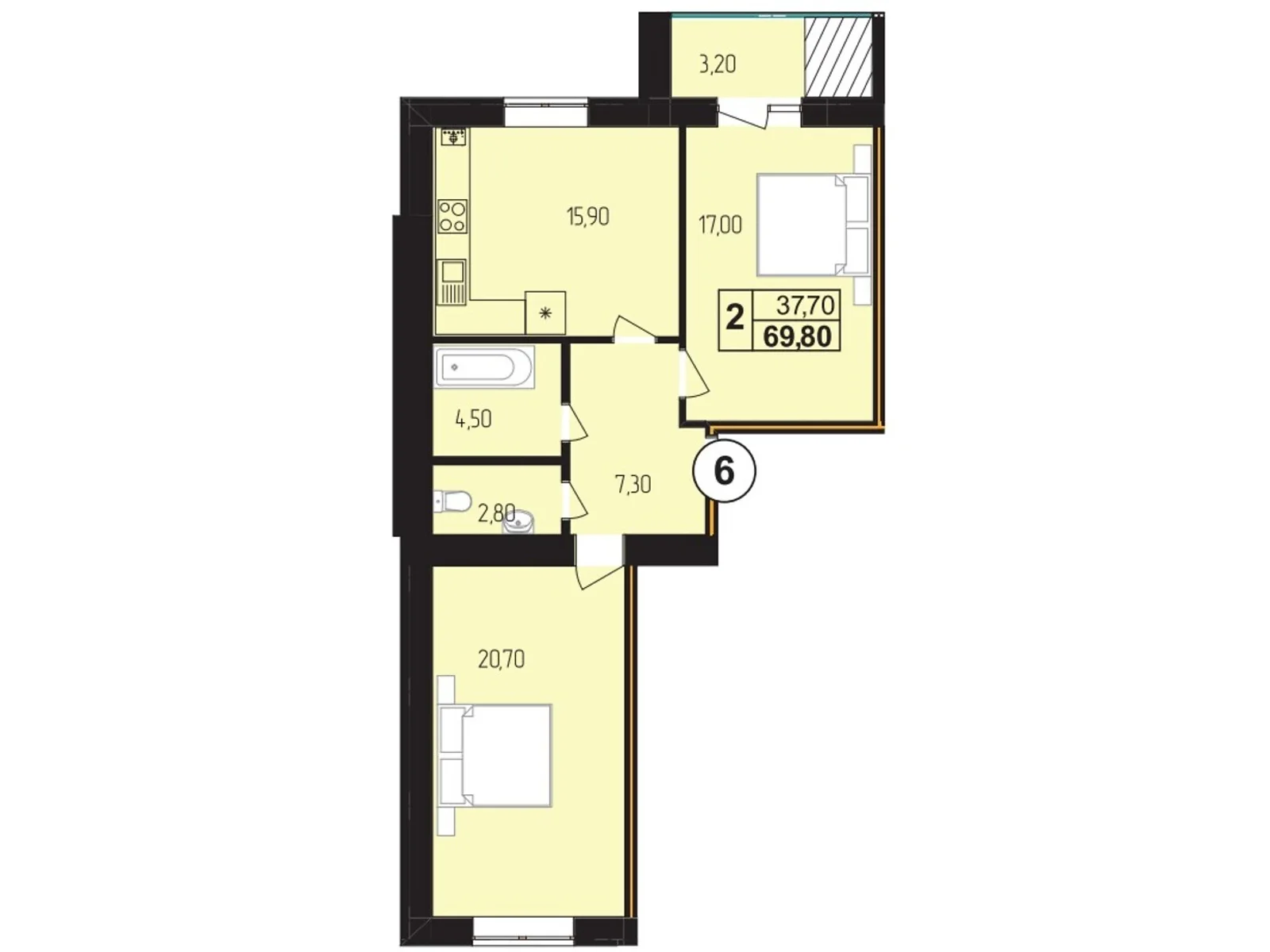 Продается 2-комнатная квартира 69.8 кв. м в Золочеве, цена: 59330 $ - фото 1