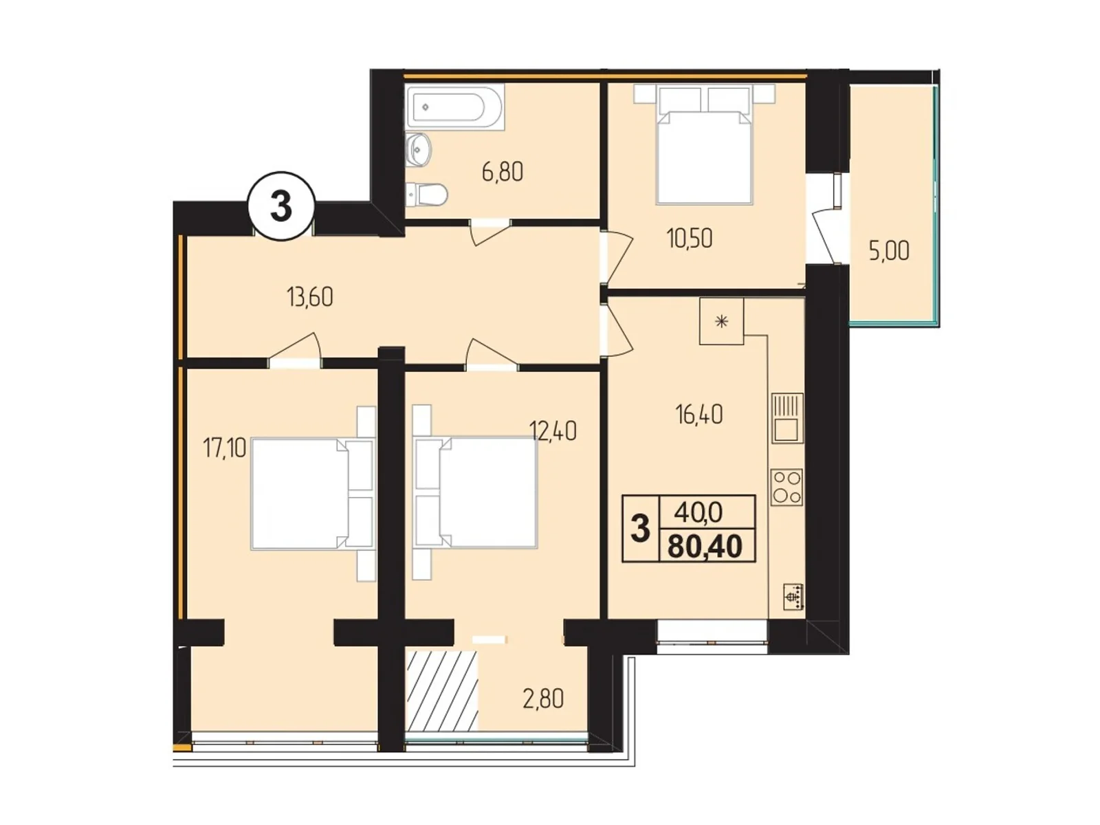 Продается 3-комнатная квартира 80.4 кв. м в Золочеве, цена: 68340 $ - фото 1
