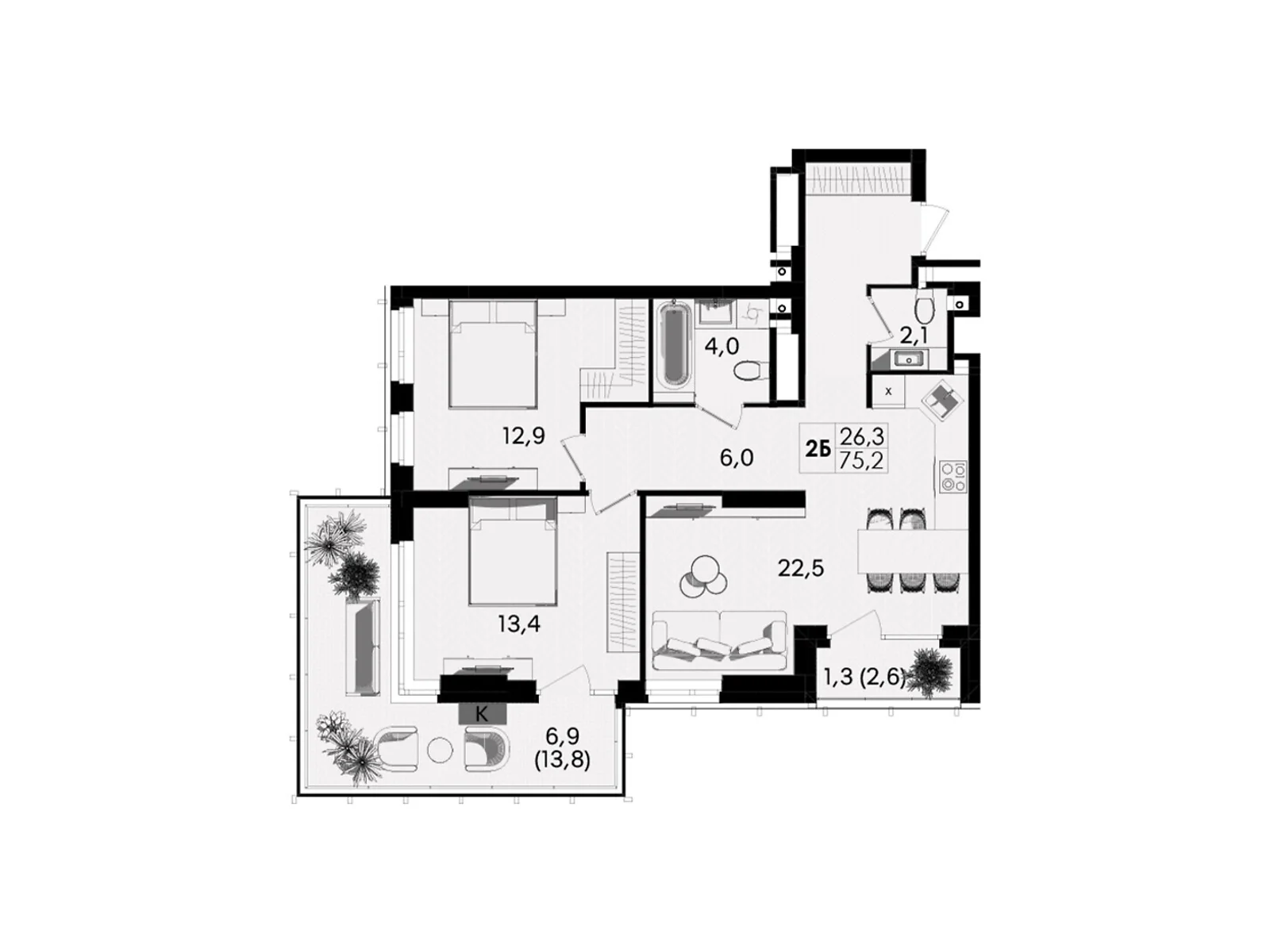 Продается 2-комнатная квартира 75.2 кв. м в Виннице, ул. Келецкая, 1 - фото 1