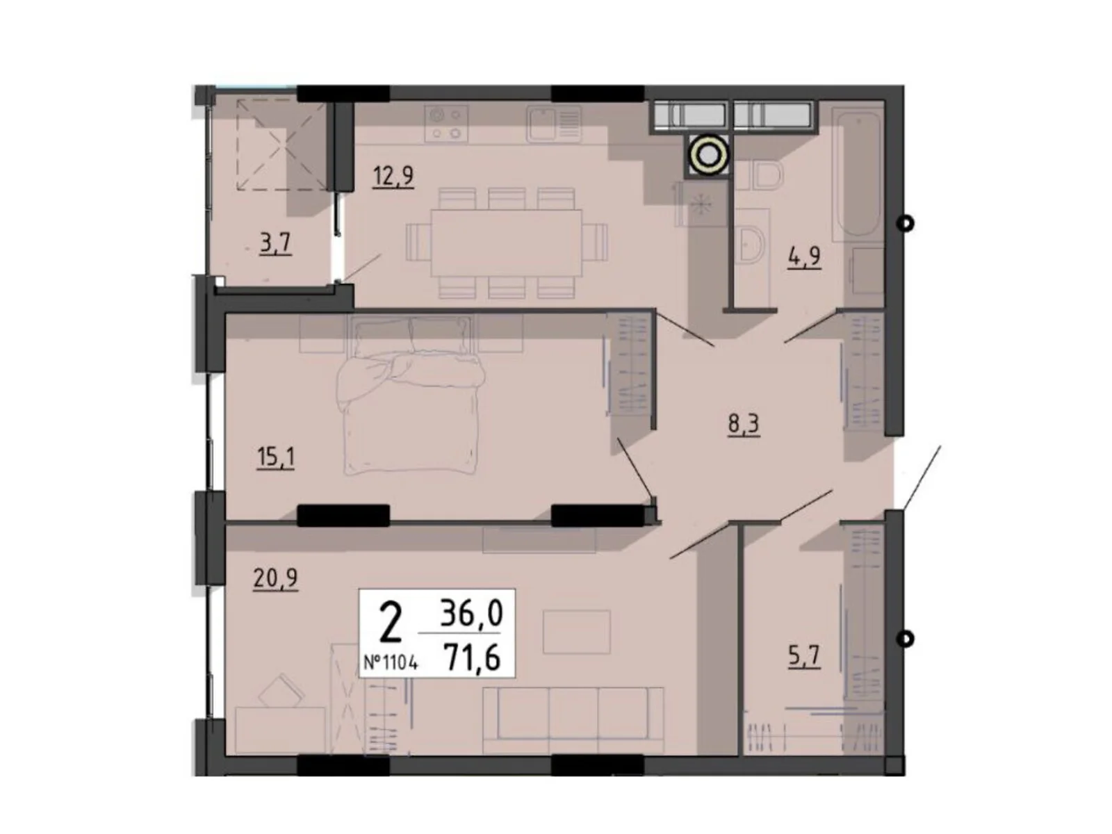 2-комнатная квартира 71.6 кв. м в Тернополе, ул. Билецкая, 56 - фото 1