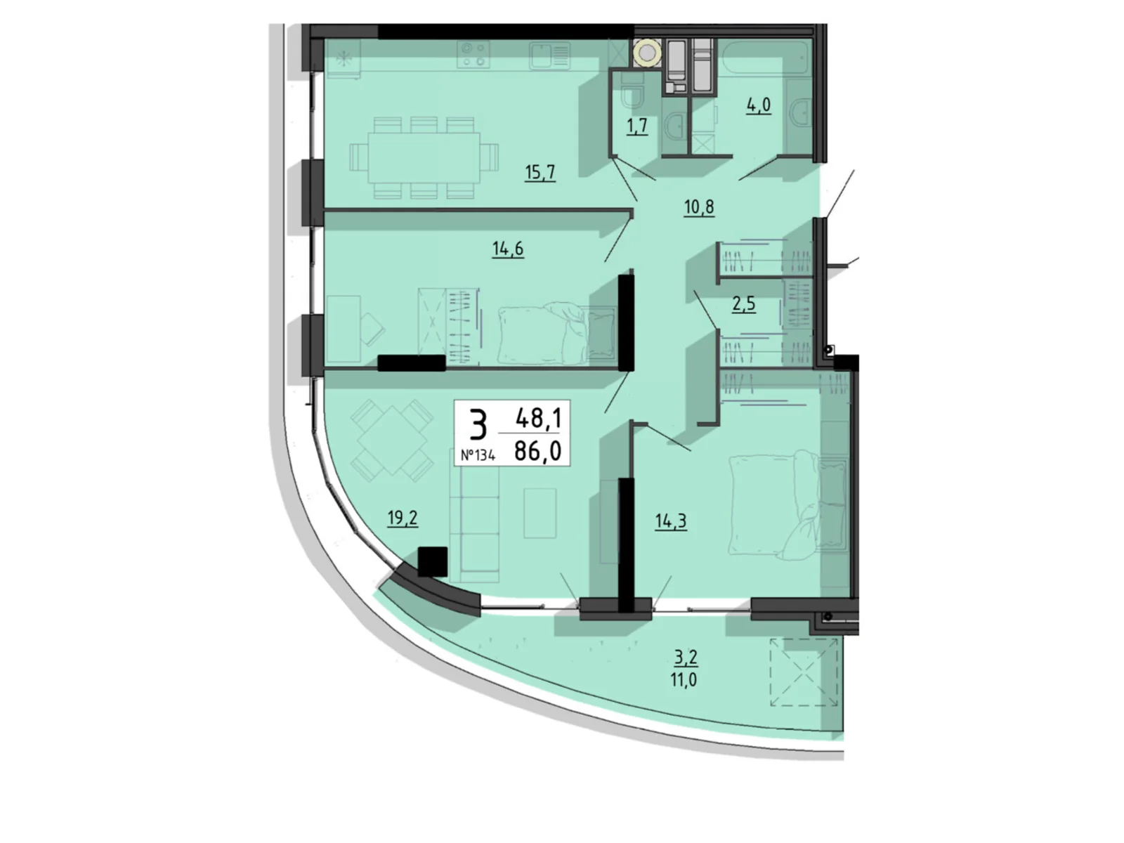 3-комнатная квартира 86 кв. м в Тернополе, ул. Билецкая, 56 - фото 1