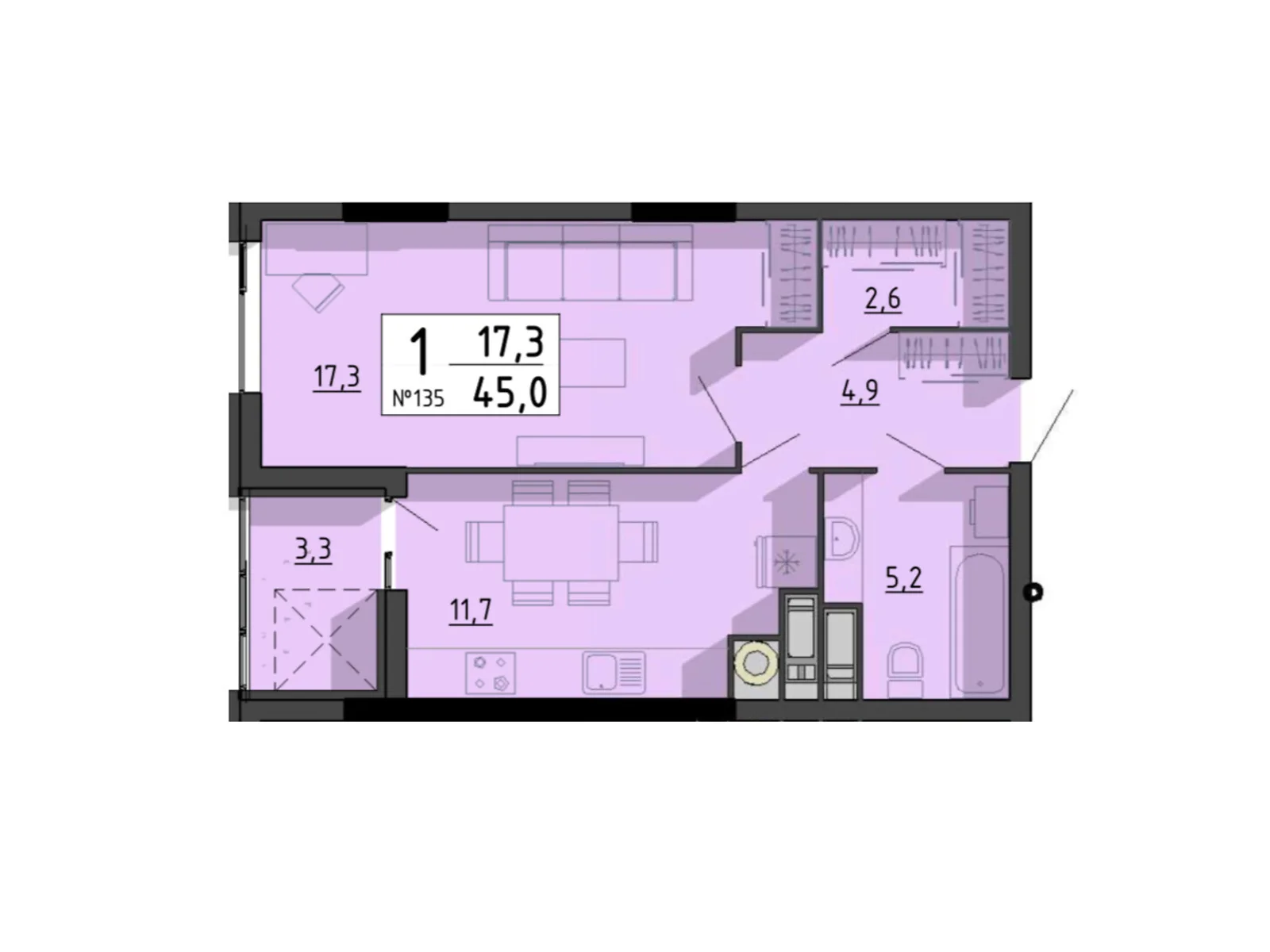 1-комнатная квартира 45 кв. м в Тернополе, ул. Билецкая, 56 - фото 1