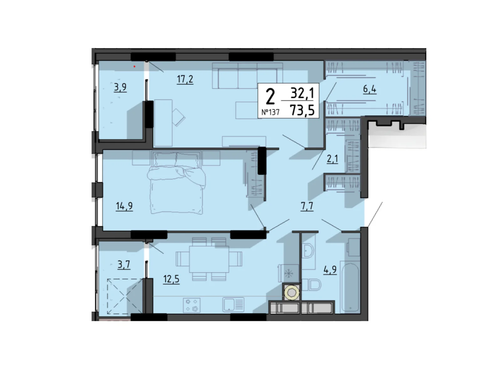 2-комнатная квартира 73.5 кв. м в Тернополе, ул. Билецкая, 56 - фото 1