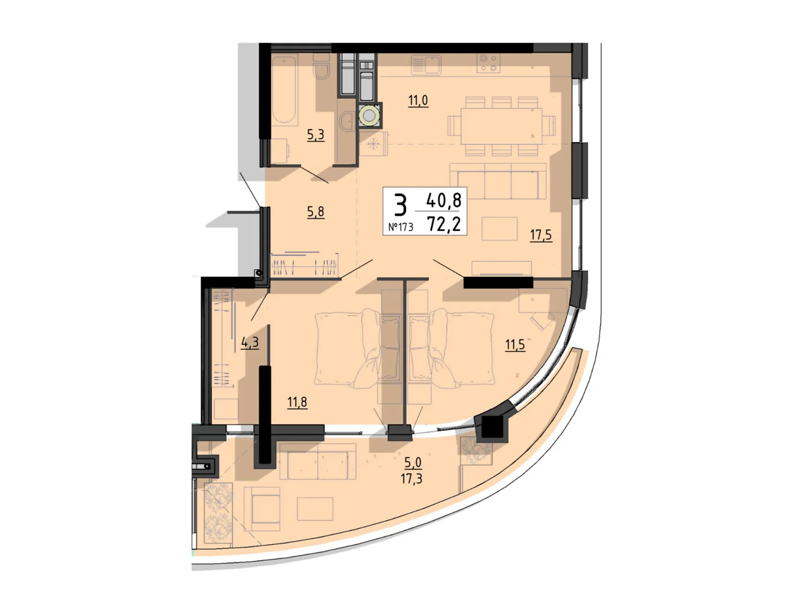 3-комнатная квартира 72.2 кв. м в Тернополе, ул. Билецкая, 56 - фото 1