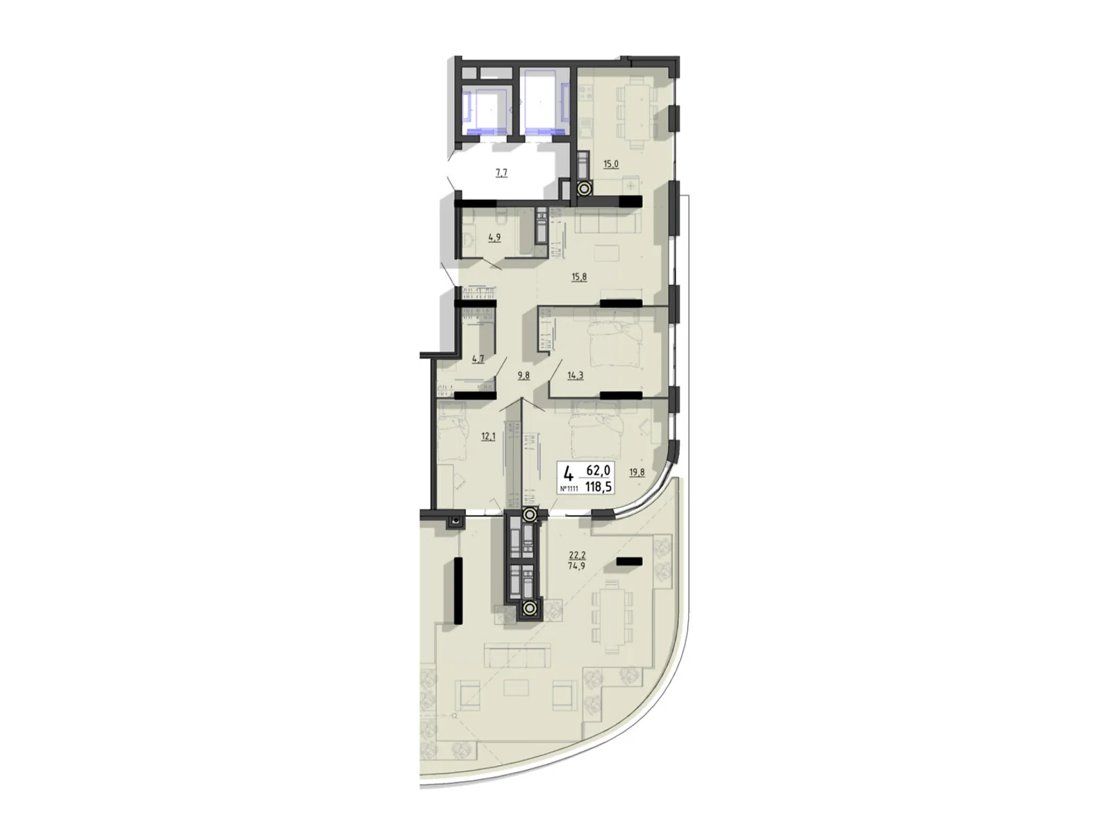4-комнатная квартира 118.5 кв. м в Тернополе, ул. Билецкая, 56 - фото 1
