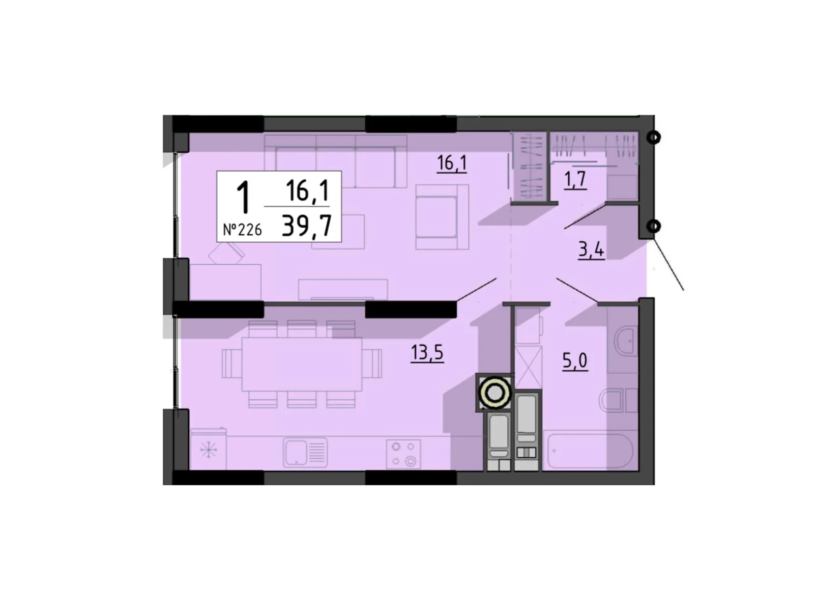 1-комнатная квартира 39.7 кв. м в Тернополе, ул. Билецкая, 56 - фото 1