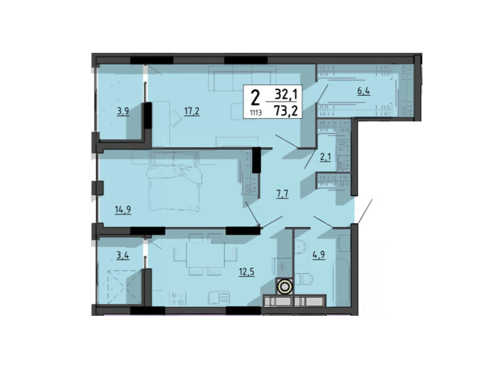 2-комнатная квартира 73.2 кв. м в Тернополе, ул. Билецкая, 56 - фото 1