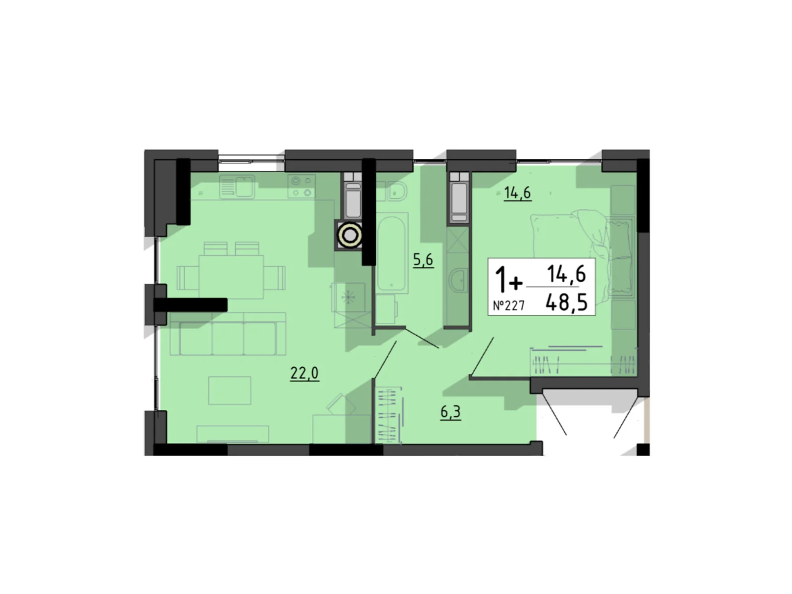 1-комнатная квартира 48.5 кв. м в Тернополе, ул. Билецкая, 56 - фото 1