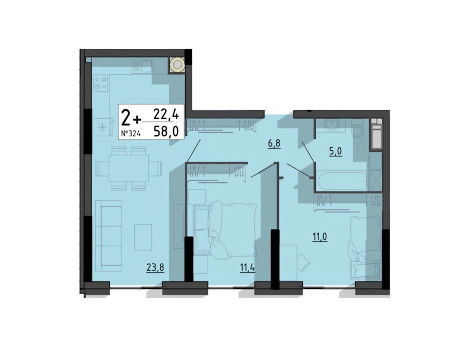 2-комнатная квартира 58 кв. м в Тернополе, ул. Билецкая, 56 - фото 1