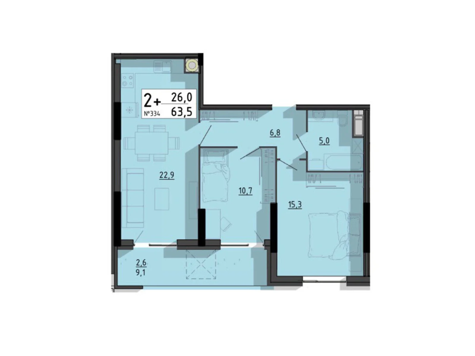 2-комнатная квартира 63.5 кв. м в Тернополе, ул. Билецкая, 56 - фото 1