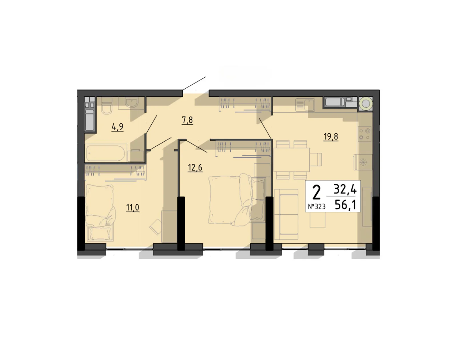 2-комнатная квартира 56.1 кв. м в Тернополе, ул. Билецкая, 56 - фото 1