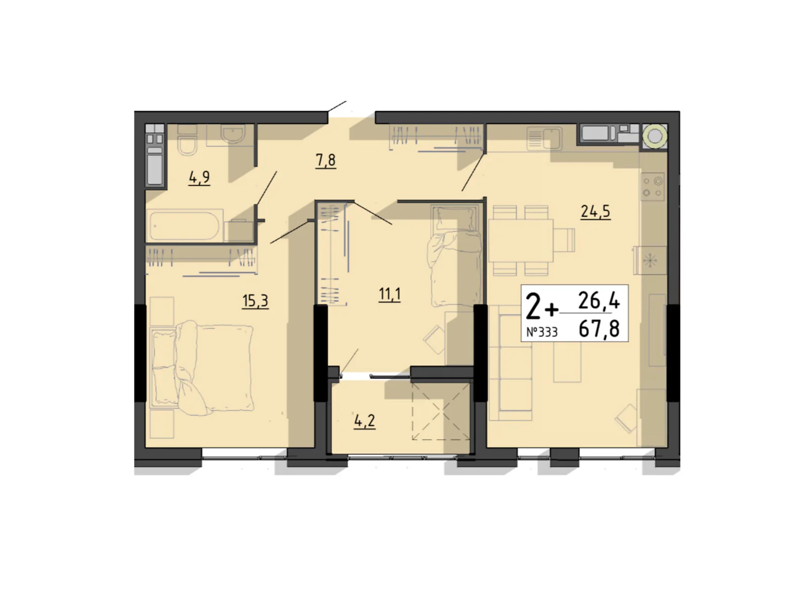 2-комнатная квартира 67.8 кв. м в Тернополе, ул. Билецкая, 56 - фото 1