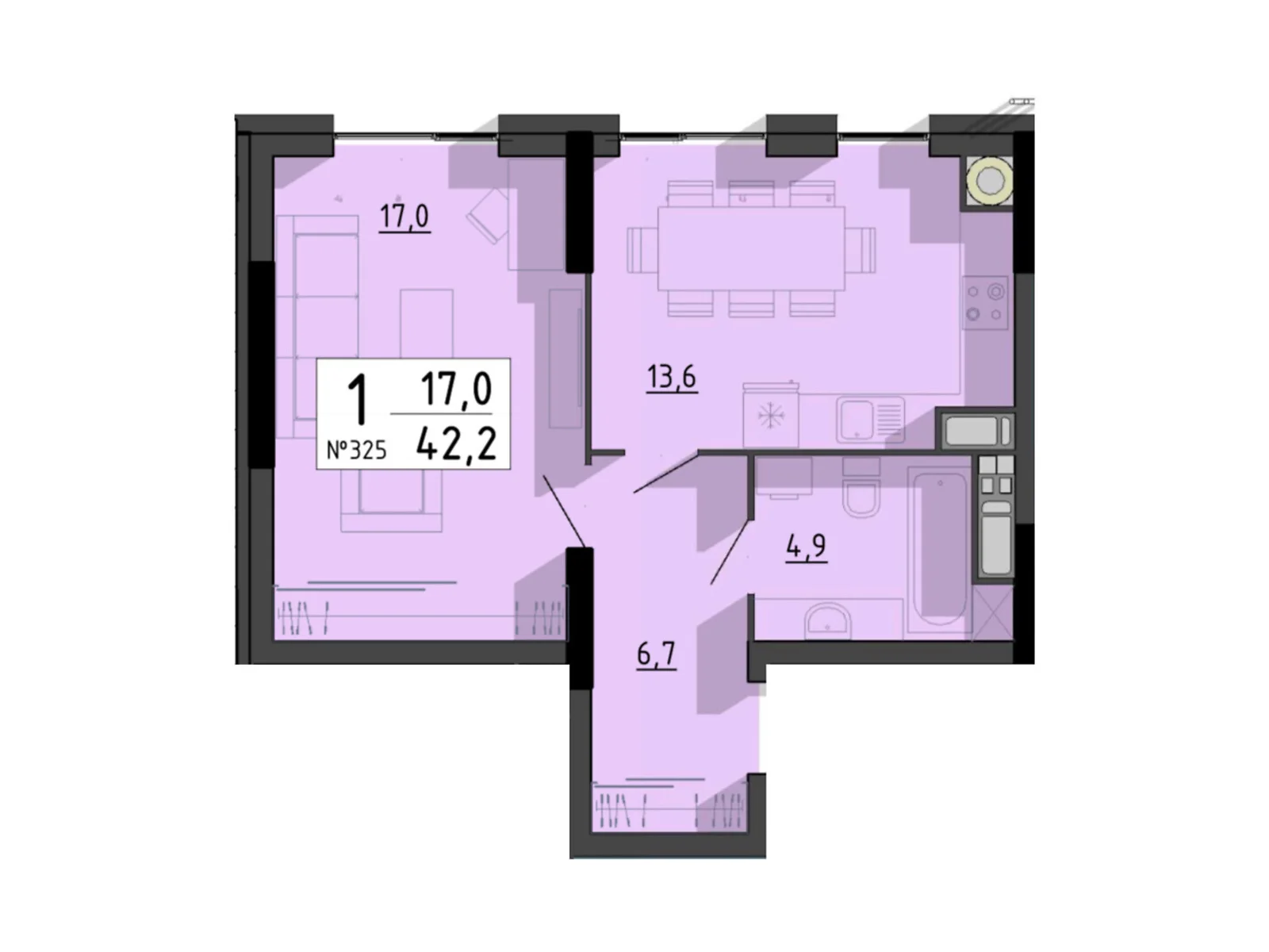 1-комнатная квартира 42.2 кв. м в Тернополе, ул. Билецкая, 56 - фото 1