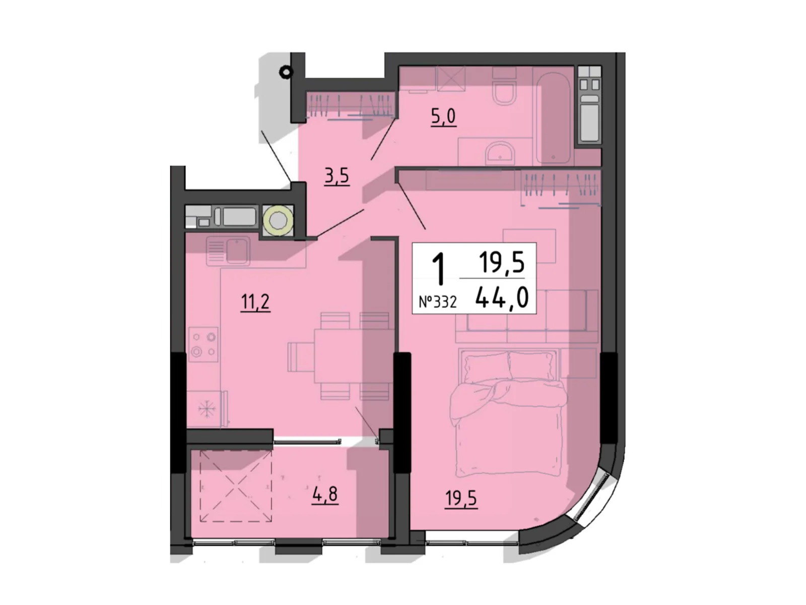 1-комнатная квартира 44 кв. м в Тернополе, ул. Билецкая, 56 - фото 1