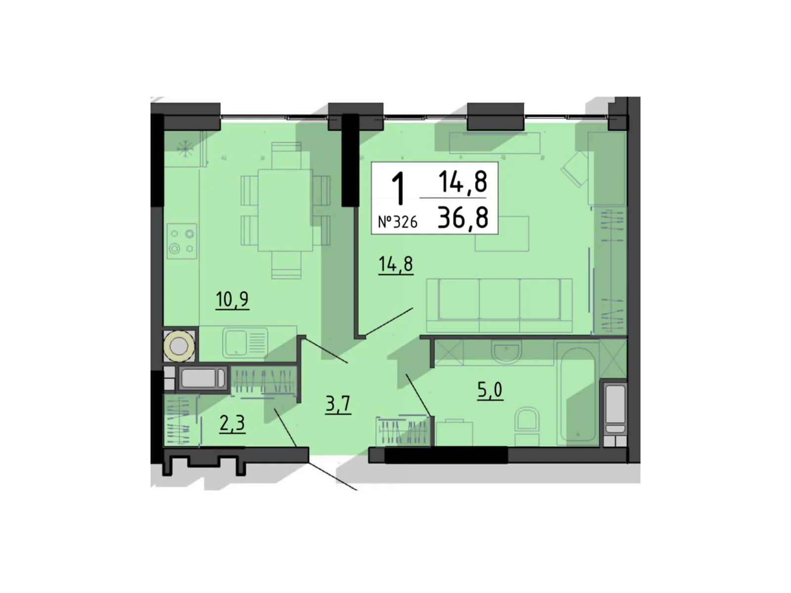 1-комнатная квартира 36.8 кв. м в Тернополе, ул. Билецкая, 56 - фото 1