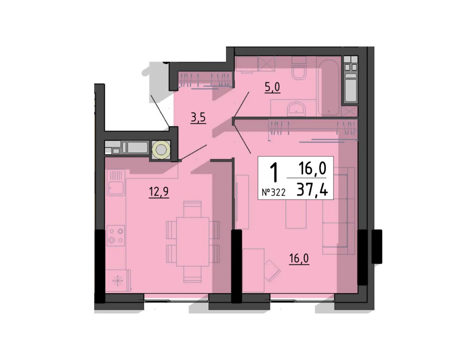 1-комнатная квартира 37.4 кв. м в Тернополе, ул. Билецкая, 56 - фото 1