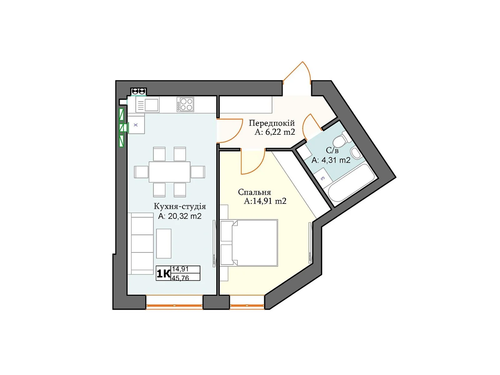 Продается 1-комнатная квартира 45.76 кв. м в Перечине, ул. Хмельницкого, 26 - фото 1